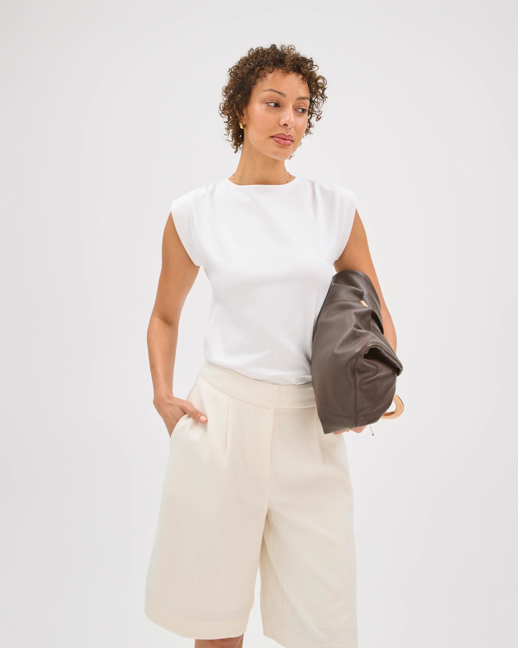 3 Preview Australian Cotton Sleeveless Shoulder Pad Tuck Detail Top CLOUD DANCER, 3 of 6