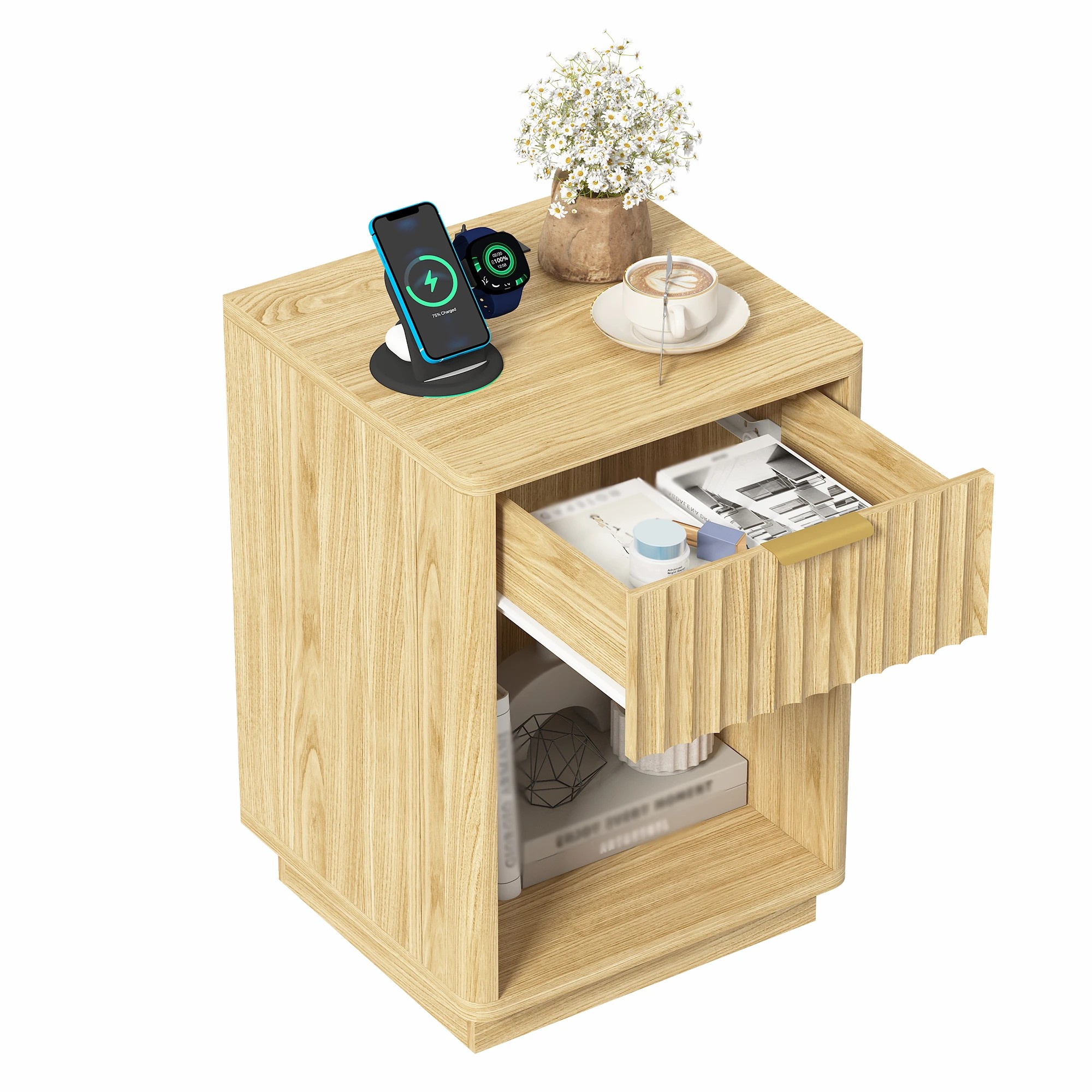 4 Advwin Fluted Wood Bedside Table with LED Light Charging Station Drawer & Shelf - Natural, 4 of 9