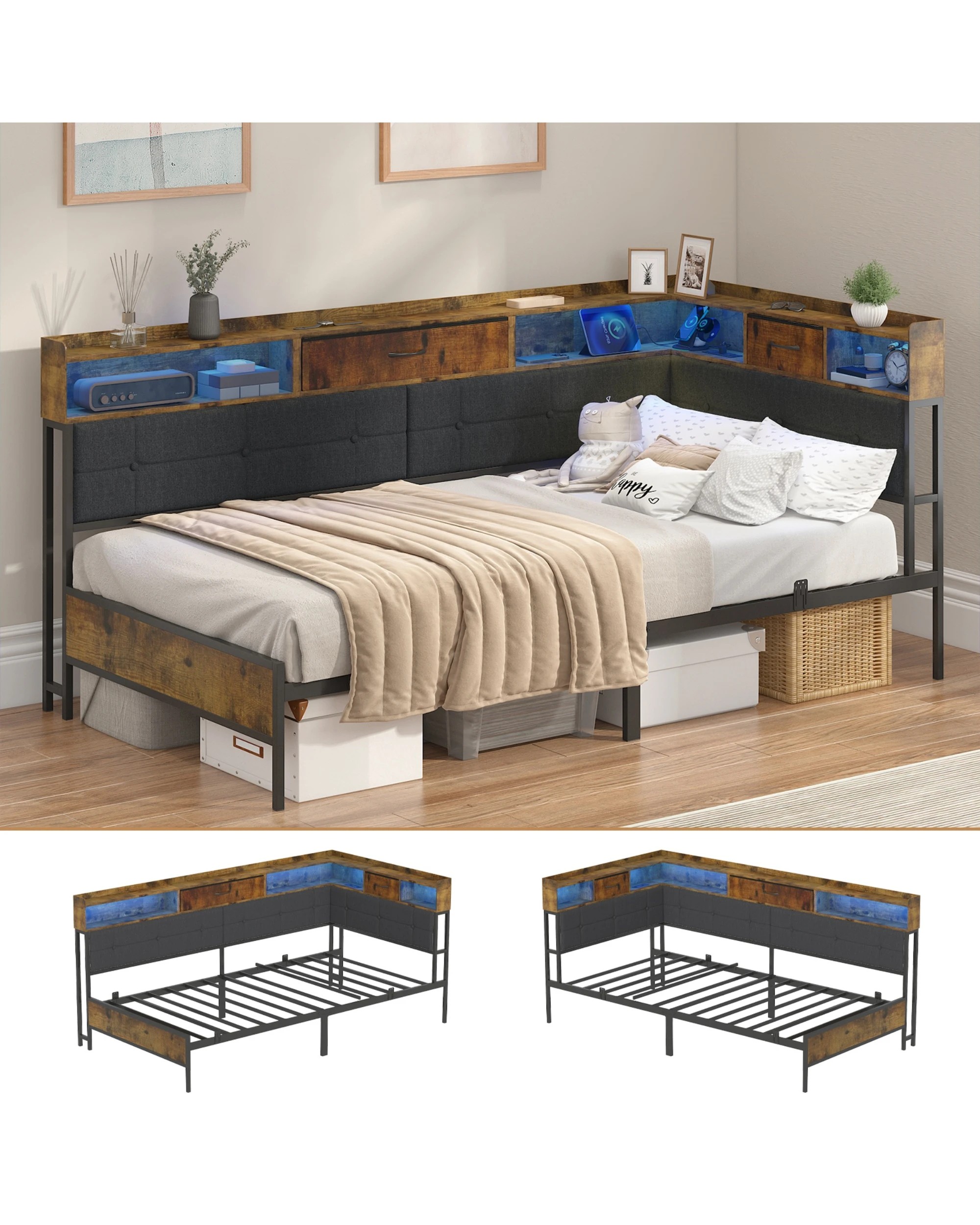 2 Advwin Single Corner Bed Frame with RGB LED and Charging Station - Brown, 2 of 5
