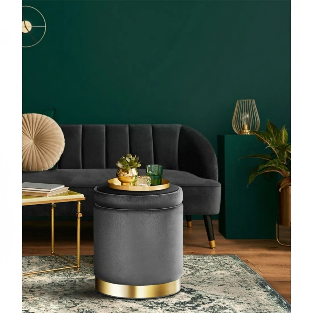 6 Artiss Ottoman Storage Foot Stool Round Velvet Charcoal - Charcoal, 6 of 6