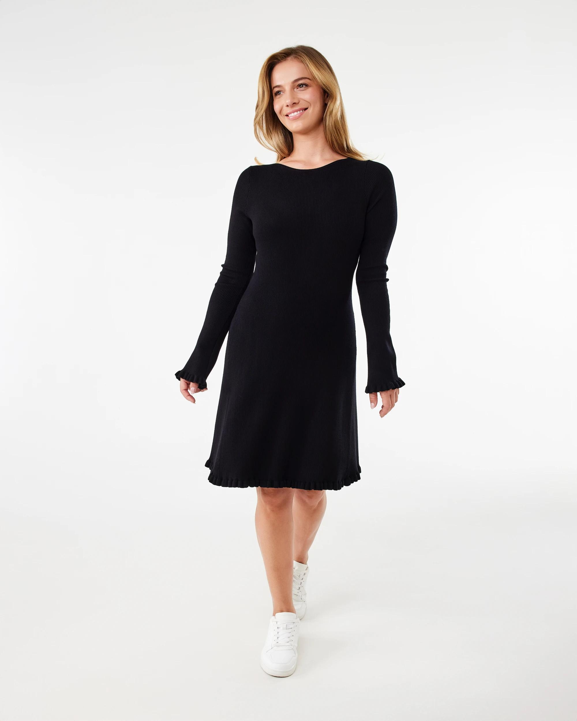 4 Long Sleeve True Knit Frill Detail Mini Dress Black, 4 of 7