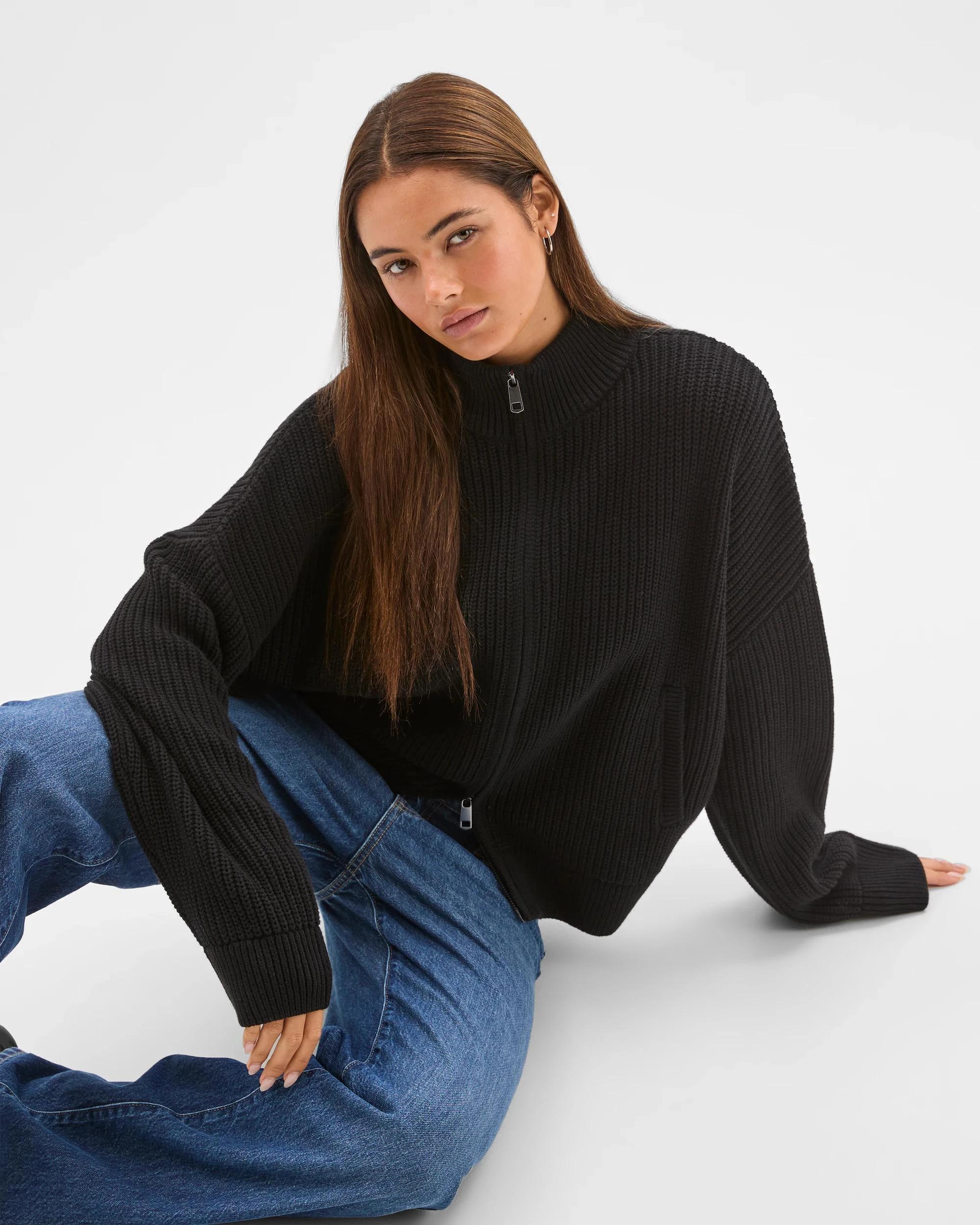 8 Lily Loves Australian Cotton Blend Zip Through Rib Cardigan BLACK, 8 of 8