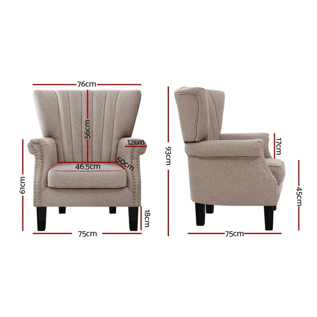 2 Artiss Armchair Wingback Taupe Andrew - Beige, 2 of 5