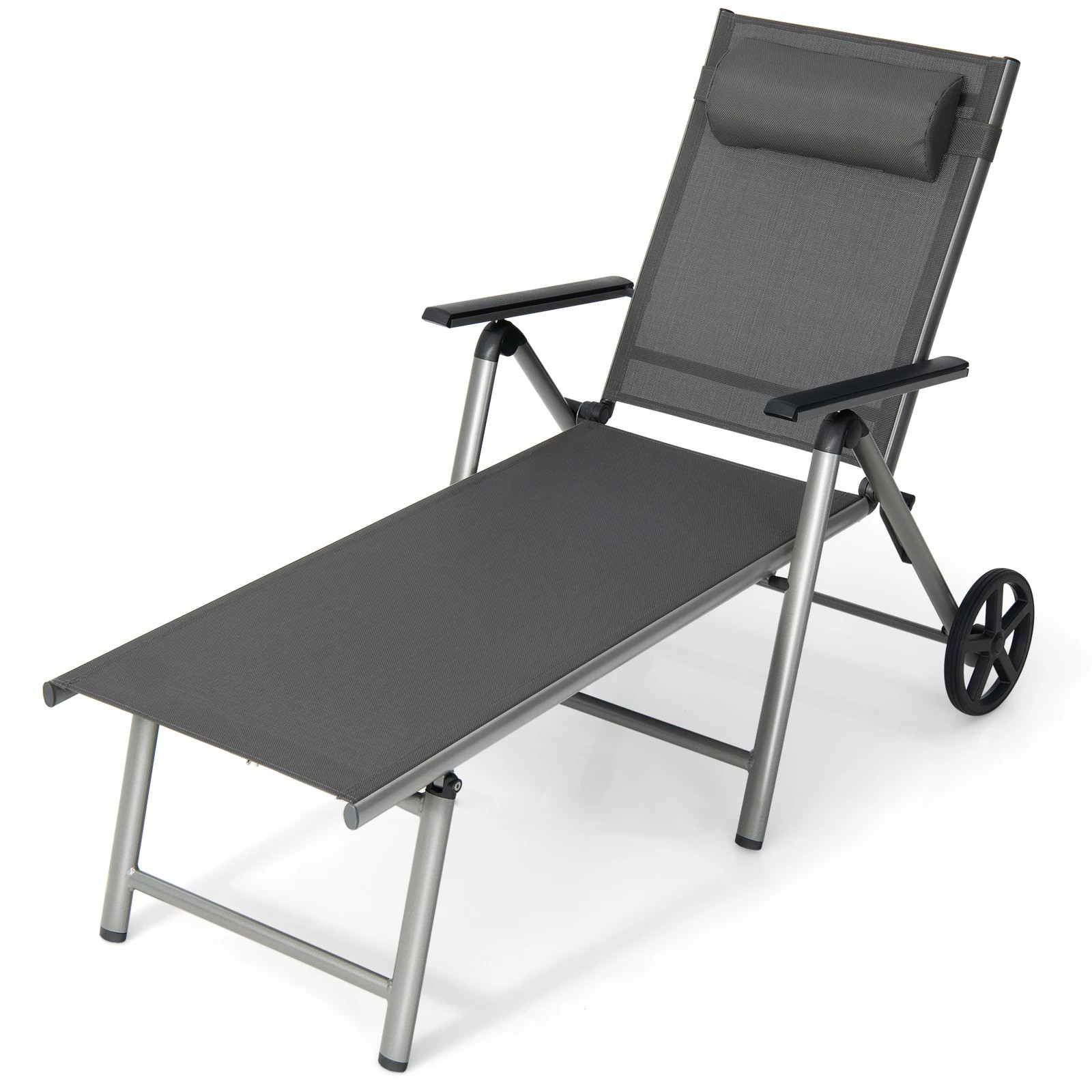 1 Costway Outdoor Aluminum Lounge Chair w/Wheels Outdoor Folding Recliner - Black, 1 of 1