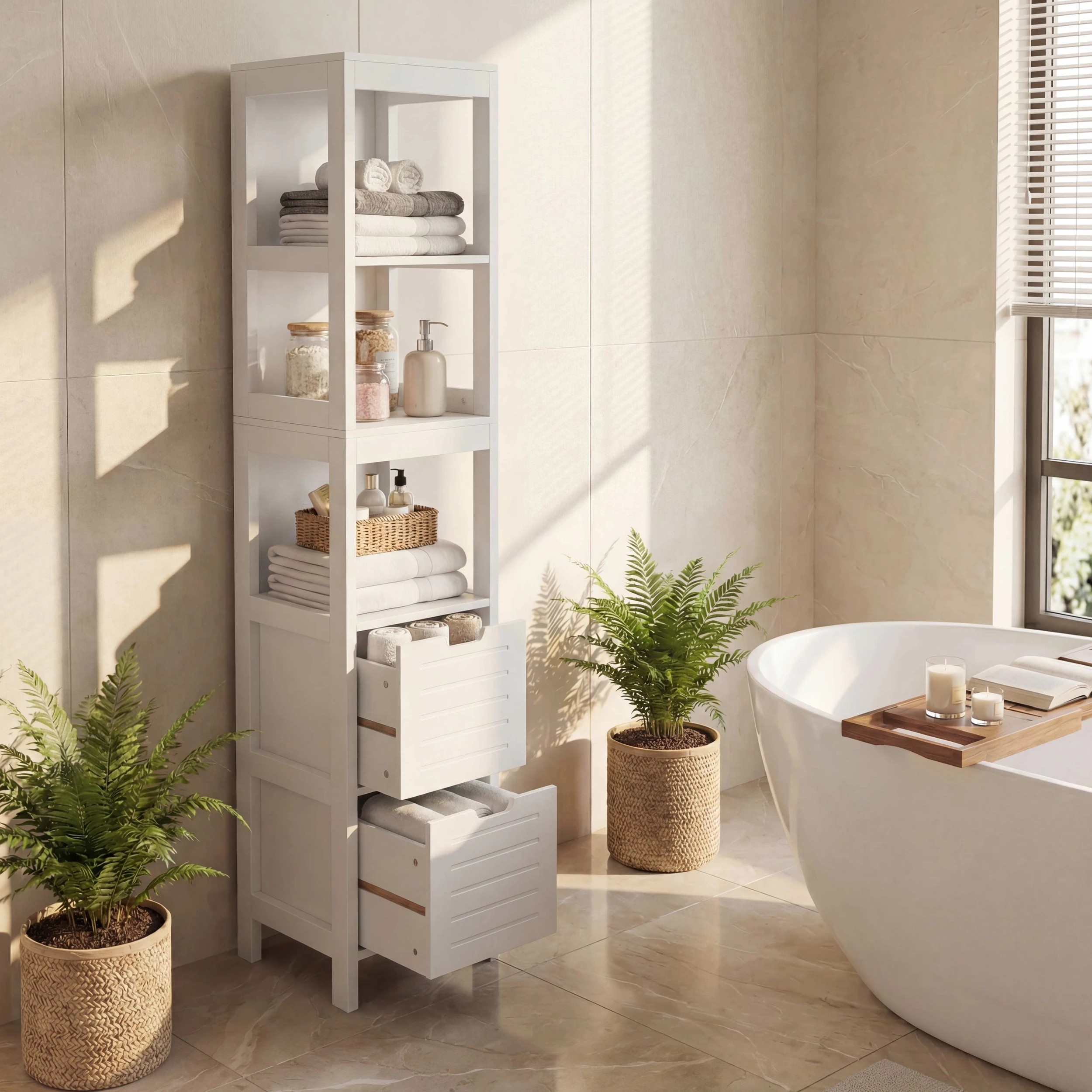 3 Costway 145cm Bathroom Cabinet 5-Tier Wood Storage Organiser w/2 Drawer, 3 of 5