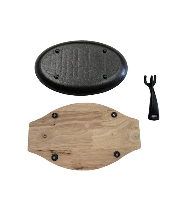 Cast Iron Sizzle Plate with Wooden Base and Handle