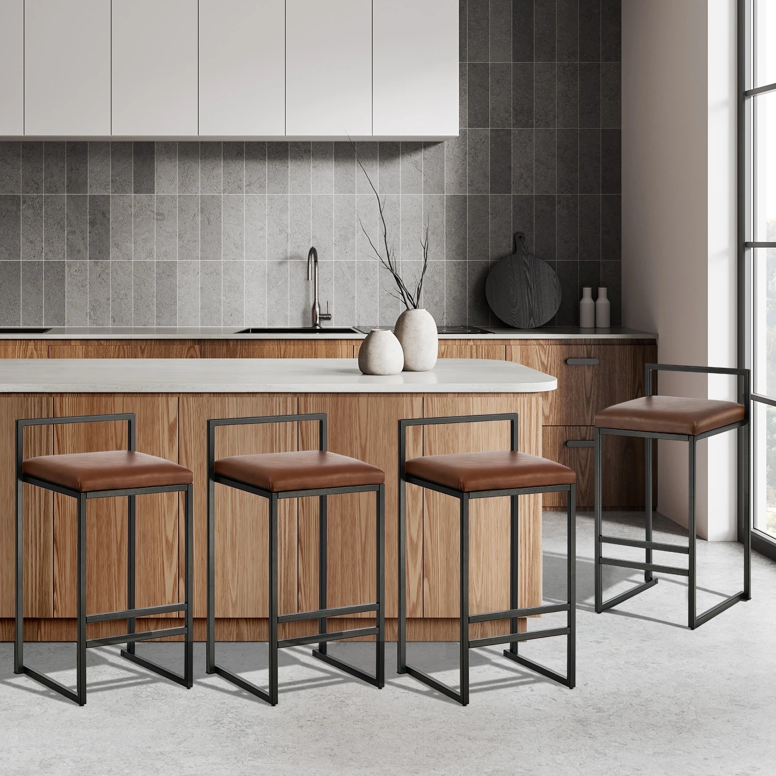 3 Oikiture 4x Bar Stools Counter High Chair Leather - Brown, 3 of 9