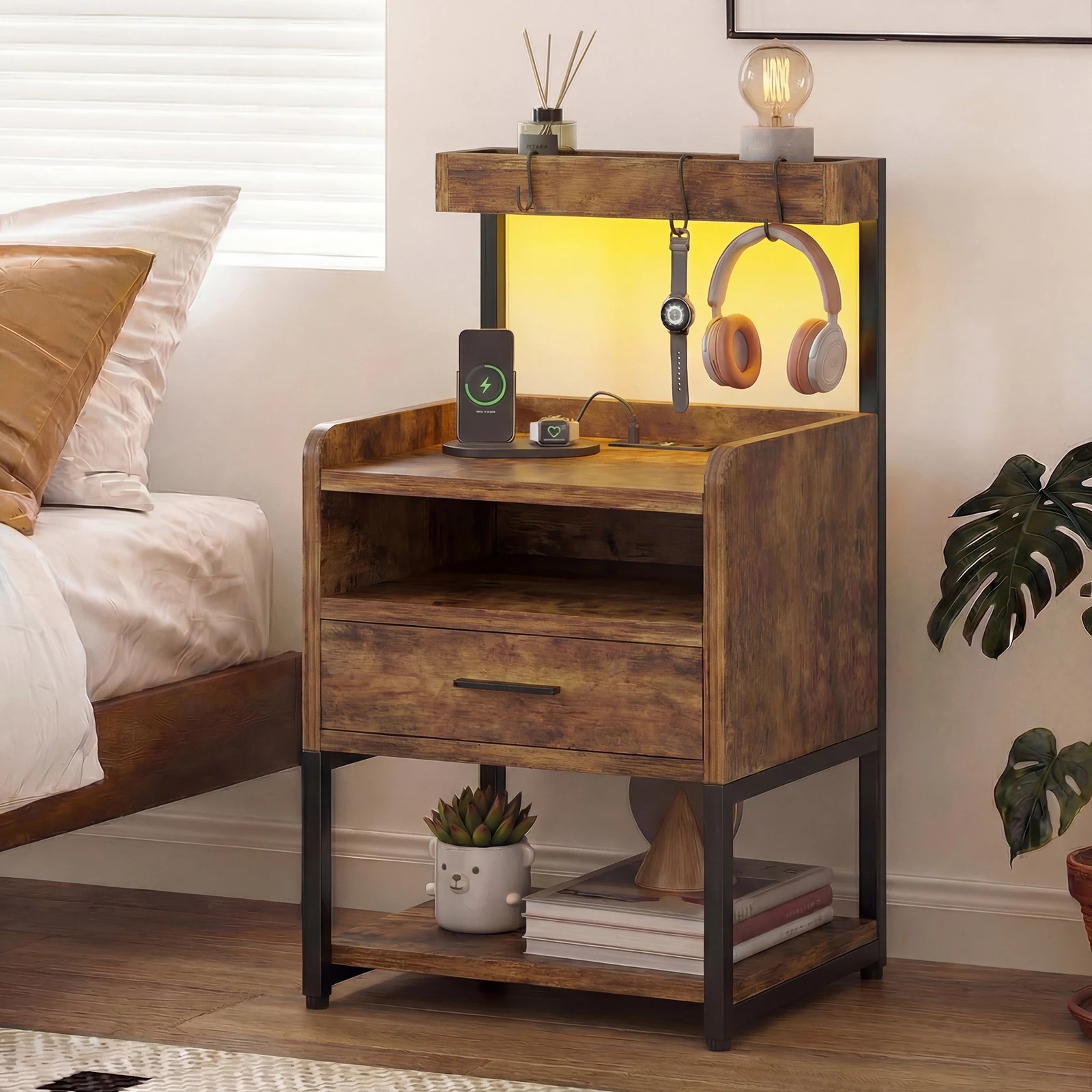 2 Advwin Bedside Table with Charging Station LED Lights Drawer and Open Storage Shelves - Brown, 2 of 10