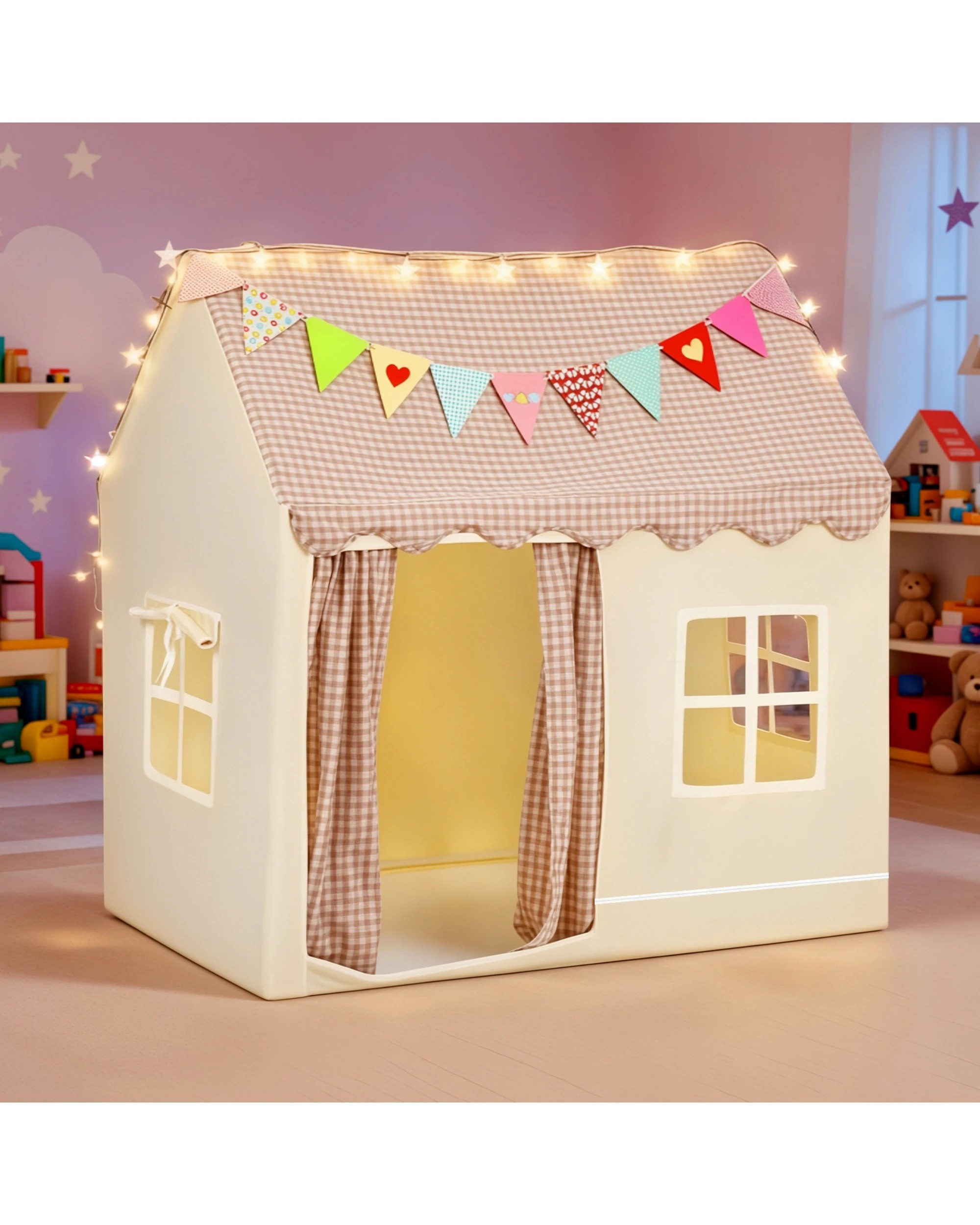 3 Advwin Kids Play Tent w/Star String Lights and Flag Banner Indoor & Outdoor Playhouse, 3 of 9