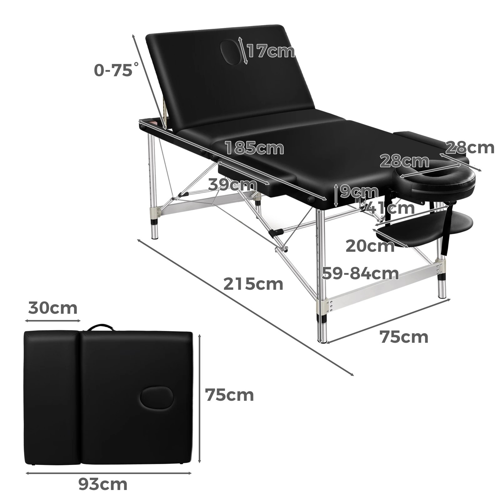 4 Alfordson Massage Table 3 Fold 75cm Foldable Portable Aluminium Lift Up Bed Desk - Black, 4 of 4