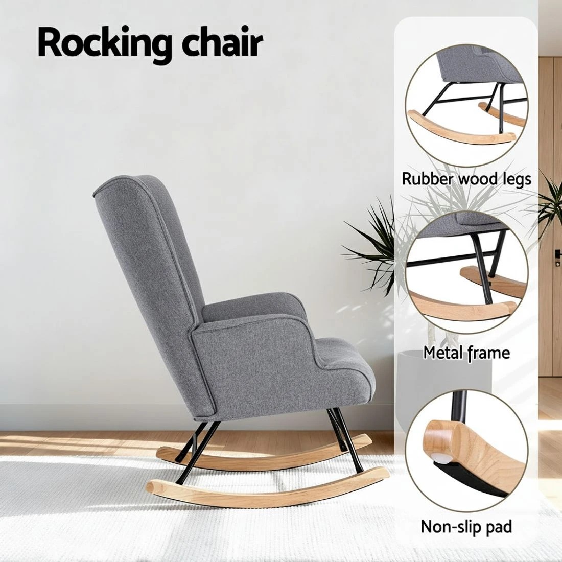 4 Artiss Rocking Chair Armchair Nursing Boucle Fabric - Grey, 4 of 6