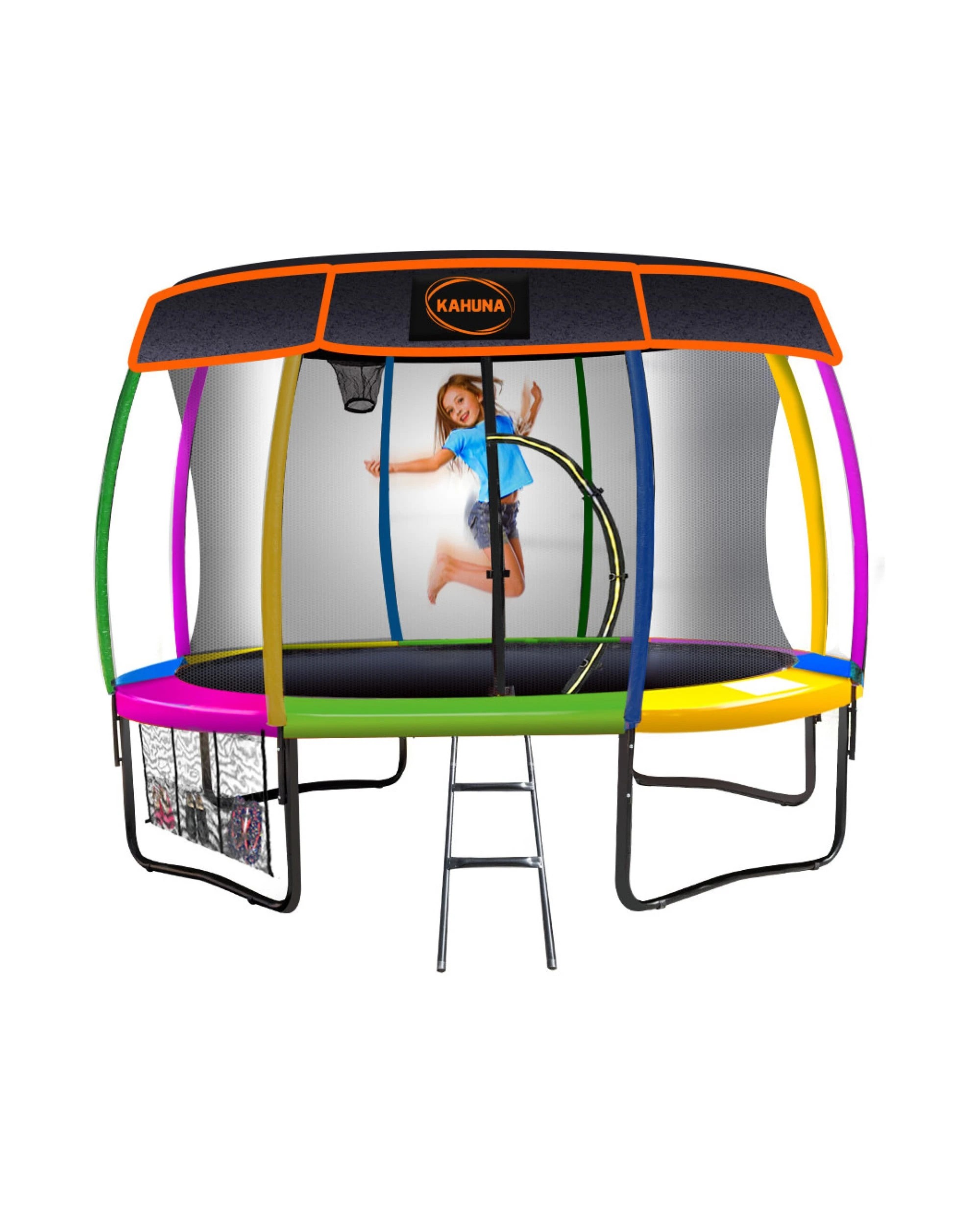 1 Kahuna Trampoline 12 ft with Basketball Set and Roof - Rainbow, 1 of 2