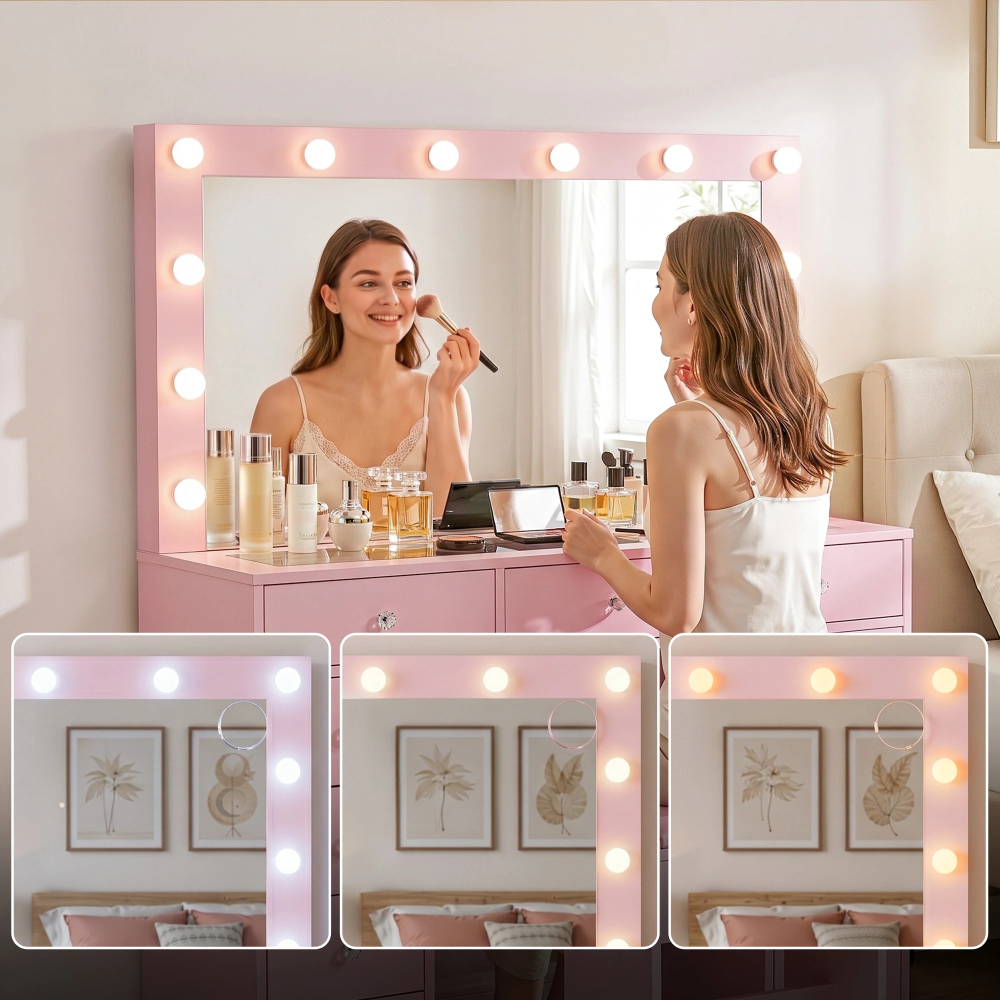 5 Artiss Dressing Table Charging Station LED Vanity Desk Set Stool Glass Top Make up Mirror Storage Drawer - Pink, 5 of 9