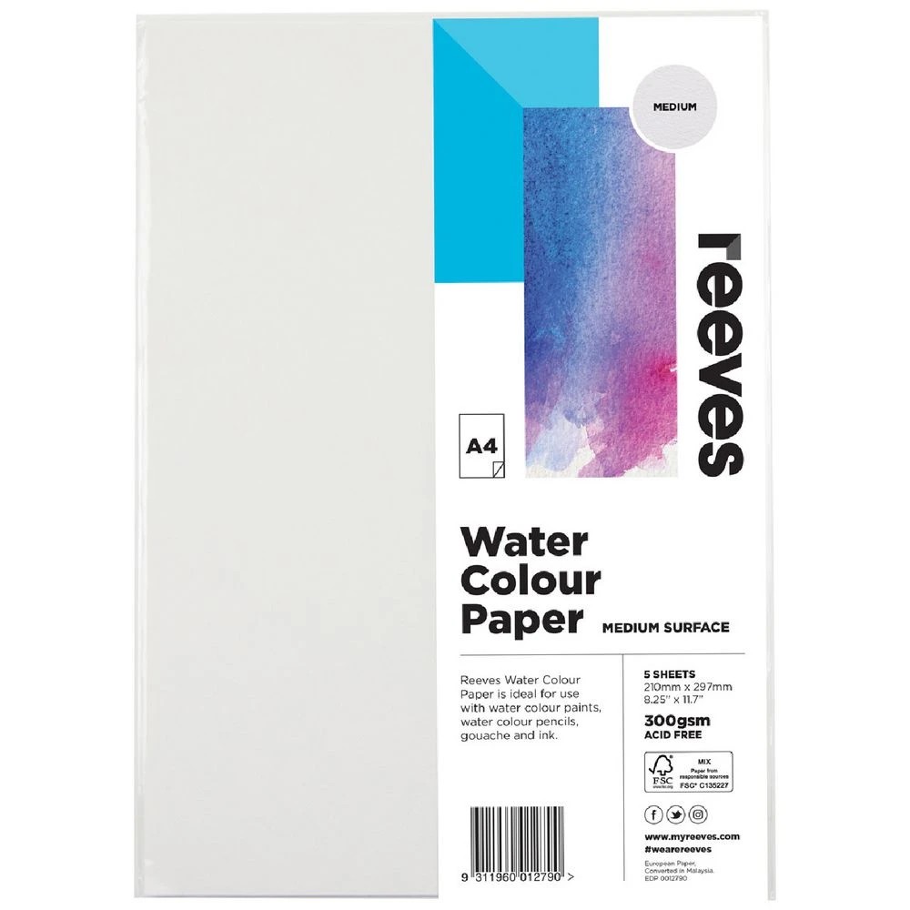 1 Reeves Watercolour Paper Packs Medium 300gsm 5 Sheets A4, 1 of 1