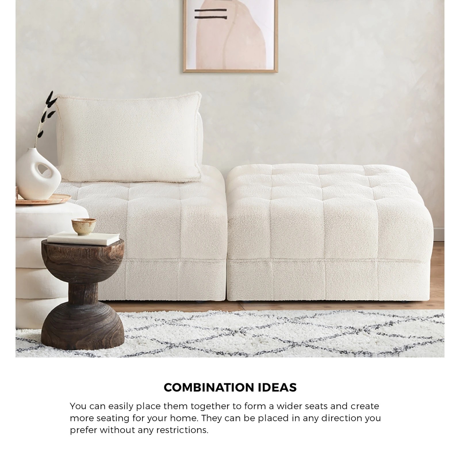 5 Oikiture 3 Seater Boucle Modular Sofa & Ottoman Set Armless Tofu Back
 - White - White, 5 of 10