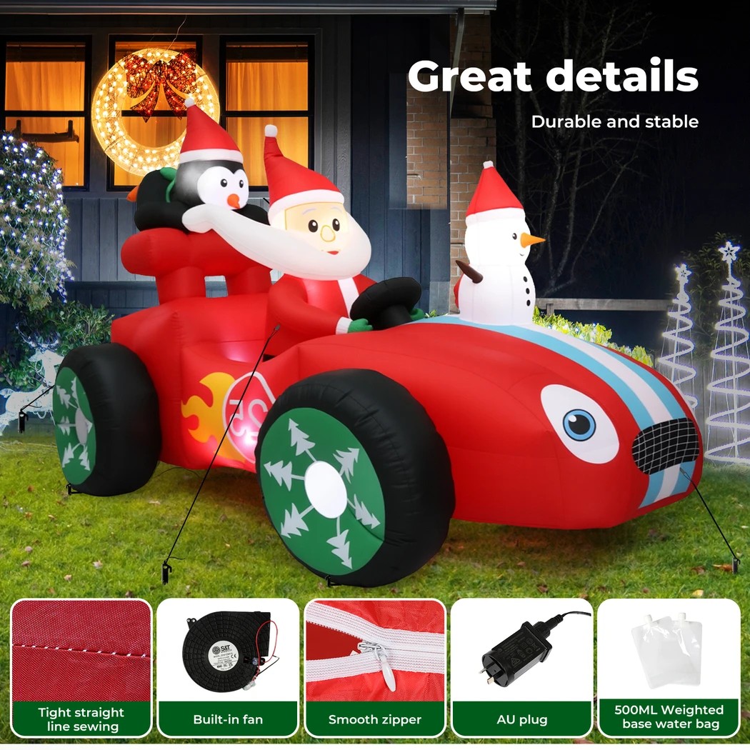1 Santaco 2.4M Xmas Inflatable Decor Christmas Santa And Race Car, 1 of 6