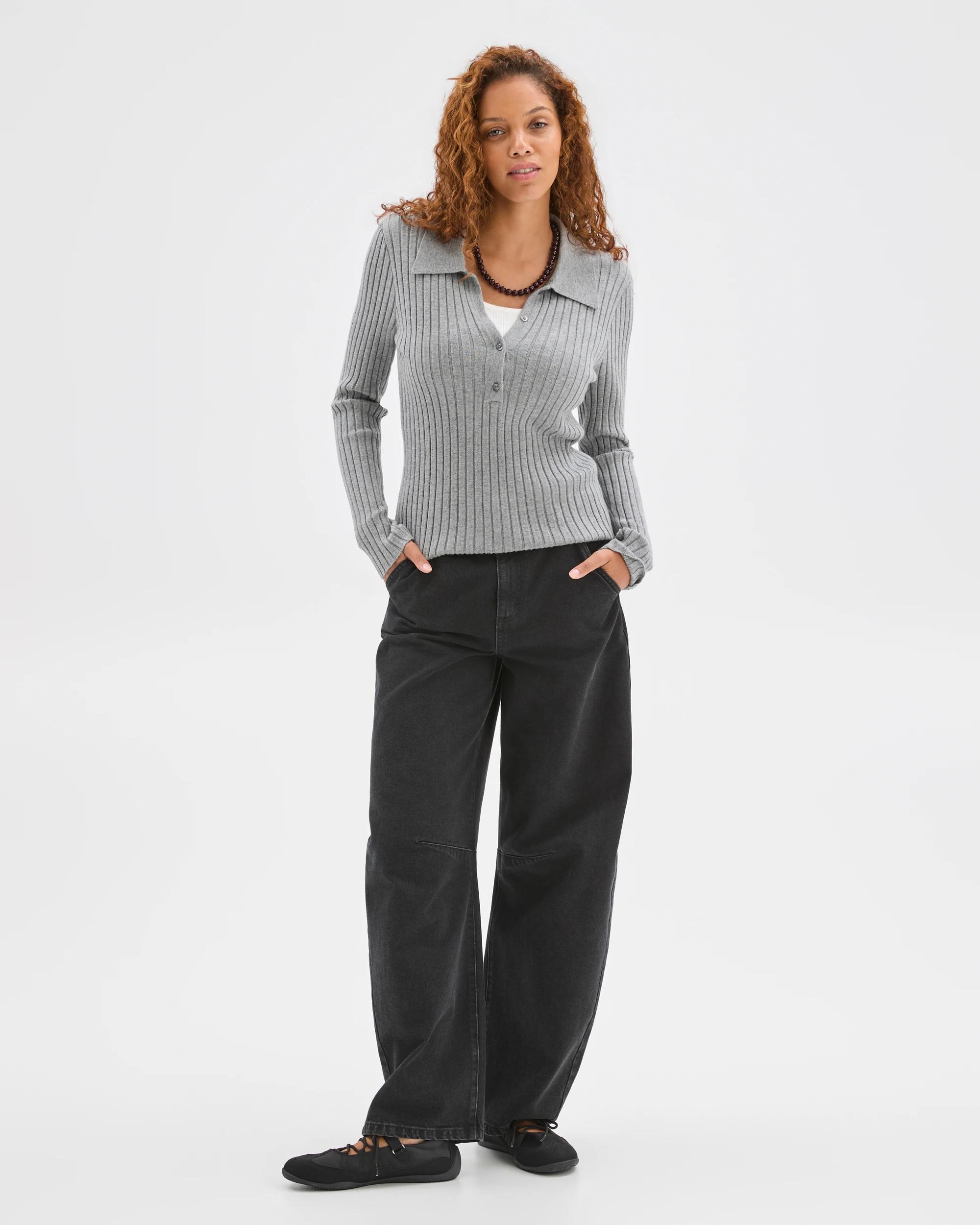 1 Target Woman Fine Knit Double Layer Polo Jumper MID GREY MARLE, 1 of 6