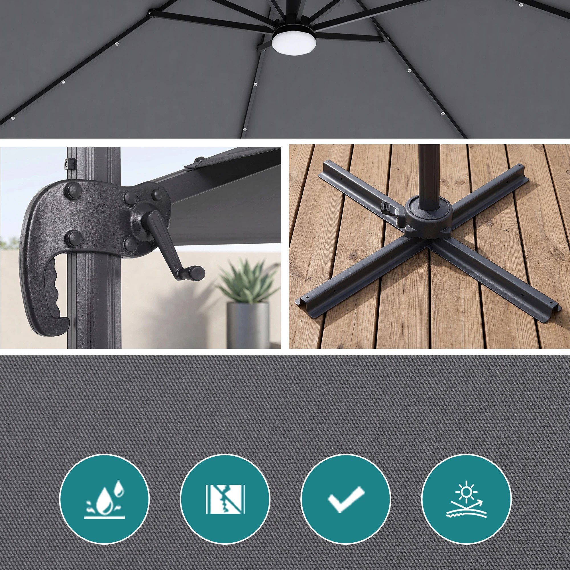 8 Instahut Outdoor Umbrella 3m Solar LED Offset Cantilever Patio Parasol - Charcoal, 8 of 10
