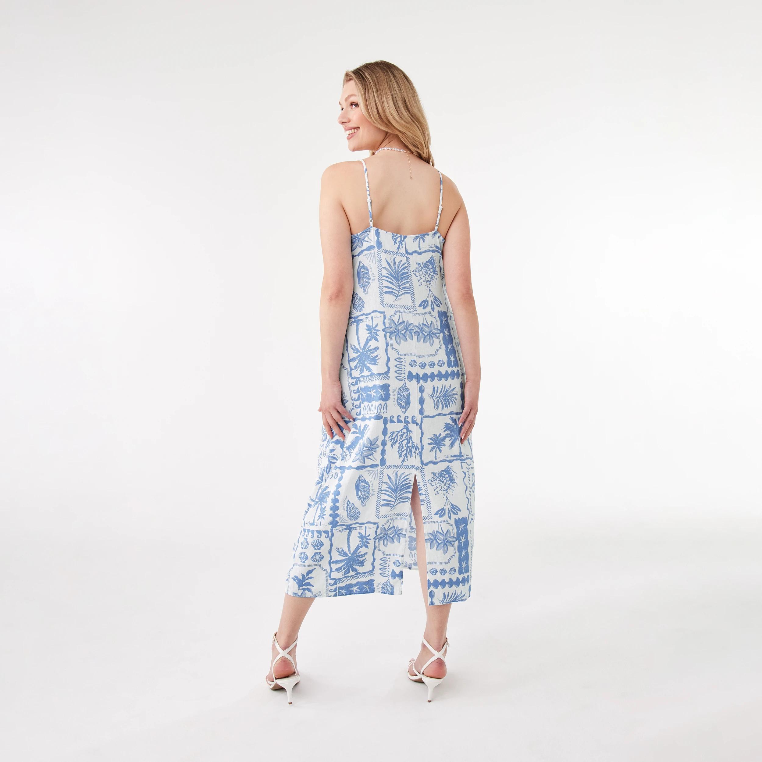 3 Sleeveless V-Neck Linen Blend Midi Dress Pcard Blue, 3 of 9