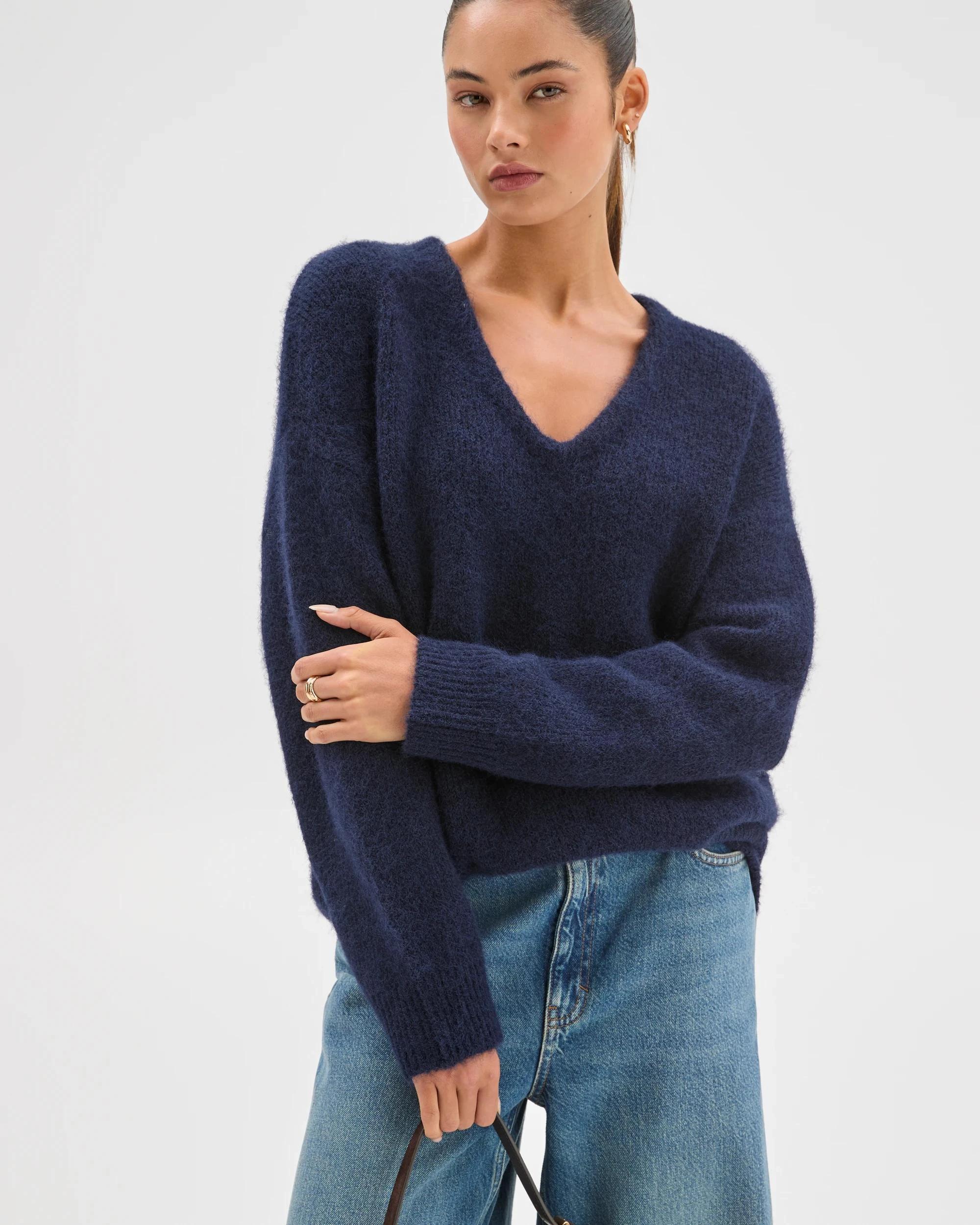 3 Lily Loves V-Neck Fluffy Knit Jumper DEEP NAVY, 3 of 7