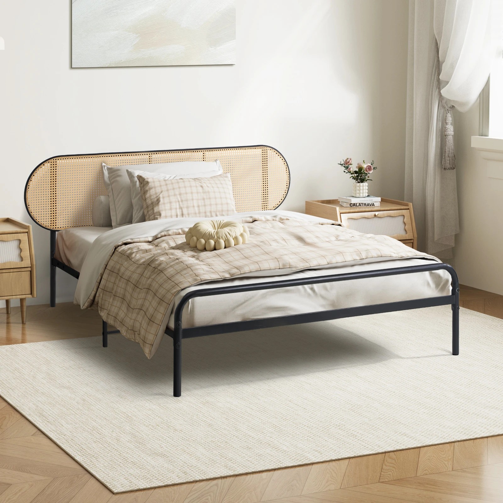 2 Oikiture Bed Frame Single Size Metal Base Platform With Rattan Headboard
 - Black, 2 of 9