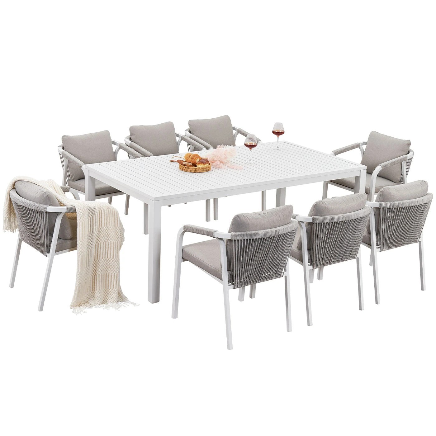 3 Moda Living La Perouse 9-Piece White Aluminium Outdoor Dining Set - Light Beige Cushion - White, 3 of 10