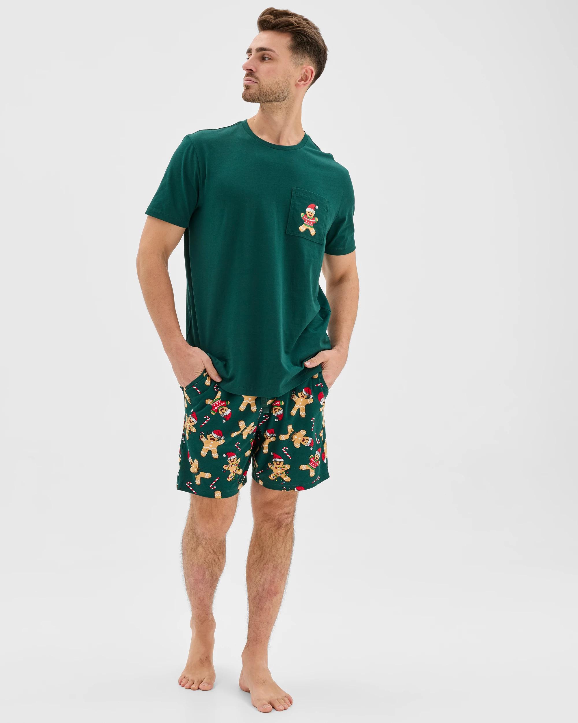 1 Maxx Australian Cotton Short Sleeve Top & Shorts Christmas Pyjama Set GREEN CHRISTMAS GINGERBREAD, 1 of 7