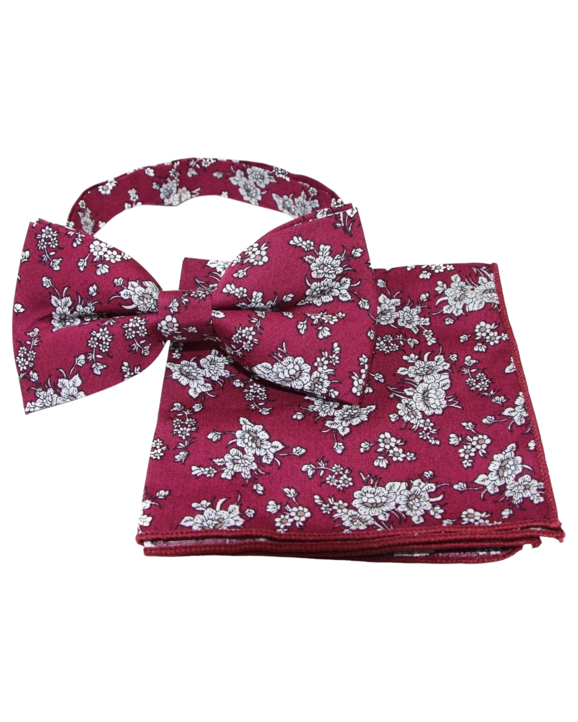 1 Zasel Mens Maroon With White Flowers Cotton Bow Tie & Pocket Square Set - Multi, 1 of 4