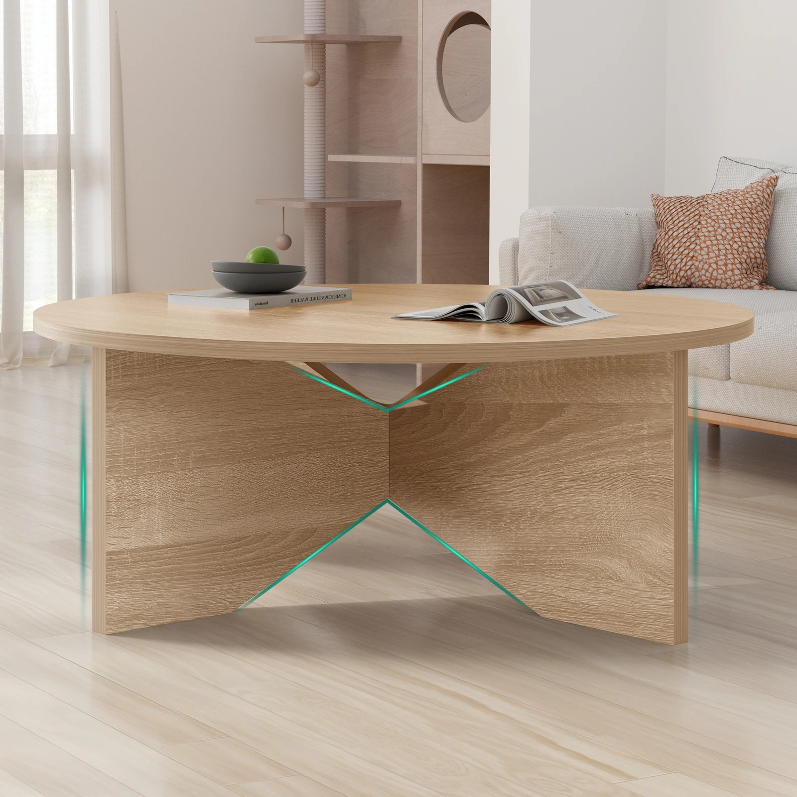 9 Alfordson Coffee Table Modern Round Table X-shape Wooden Legs Living Room - Oak, 9 of 10