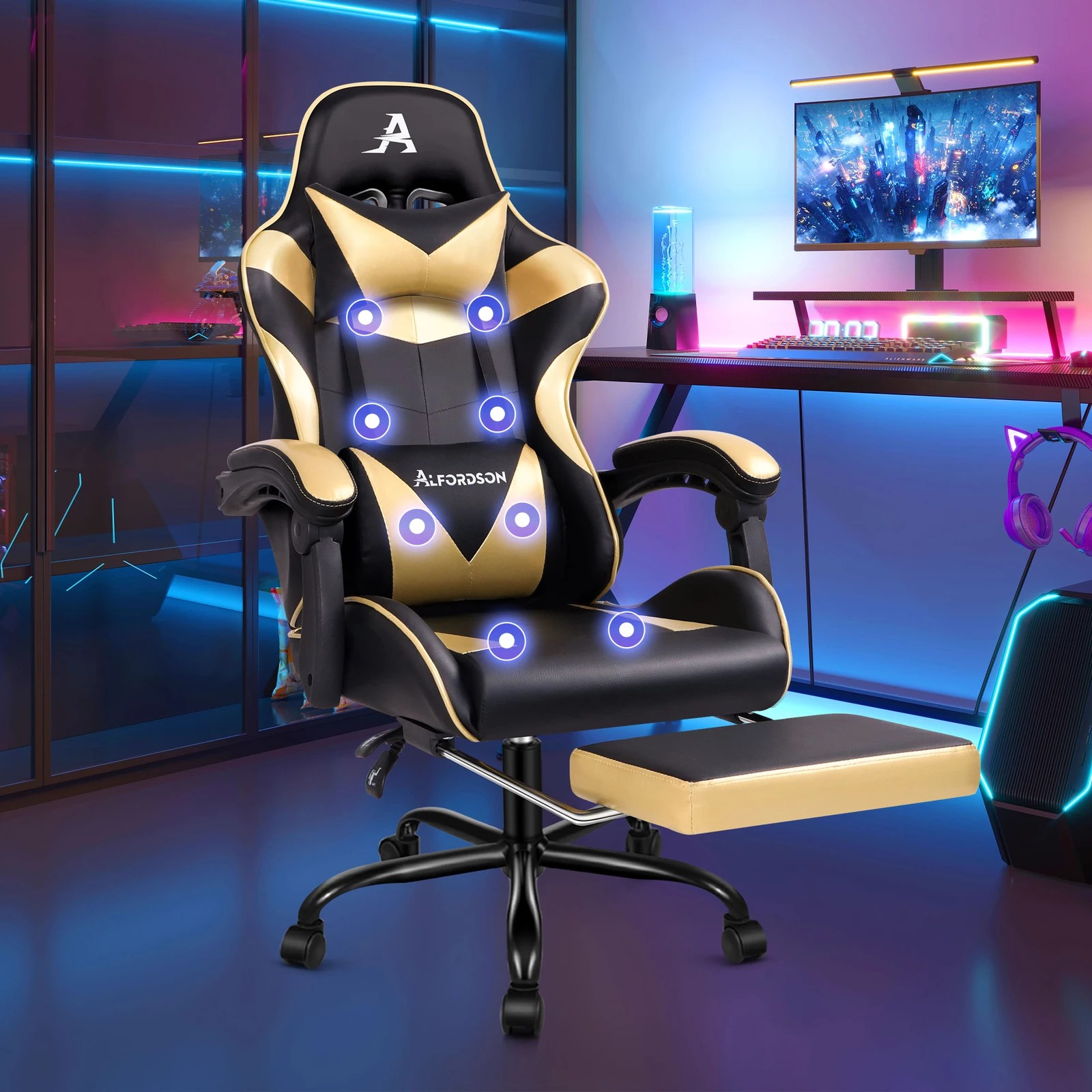 2 Alfordson Gaming Chair Office Massage Computer Racing Seat PU Leather - Gold, 2 of 10