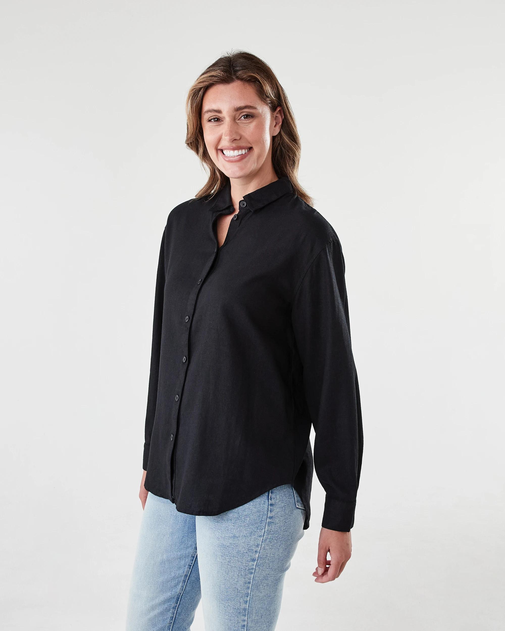 2 Long Sleeve Linen Blend Shirt Black, 2 of 6