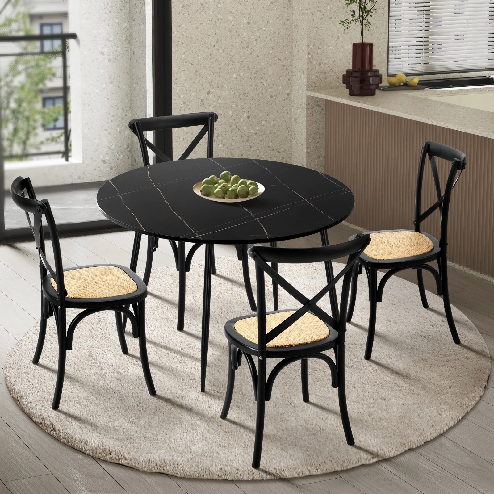 3 Oikiture 110cm Round Dining Table with 4PCS Dining Chairs Birch Timber - Black, 3 of 9