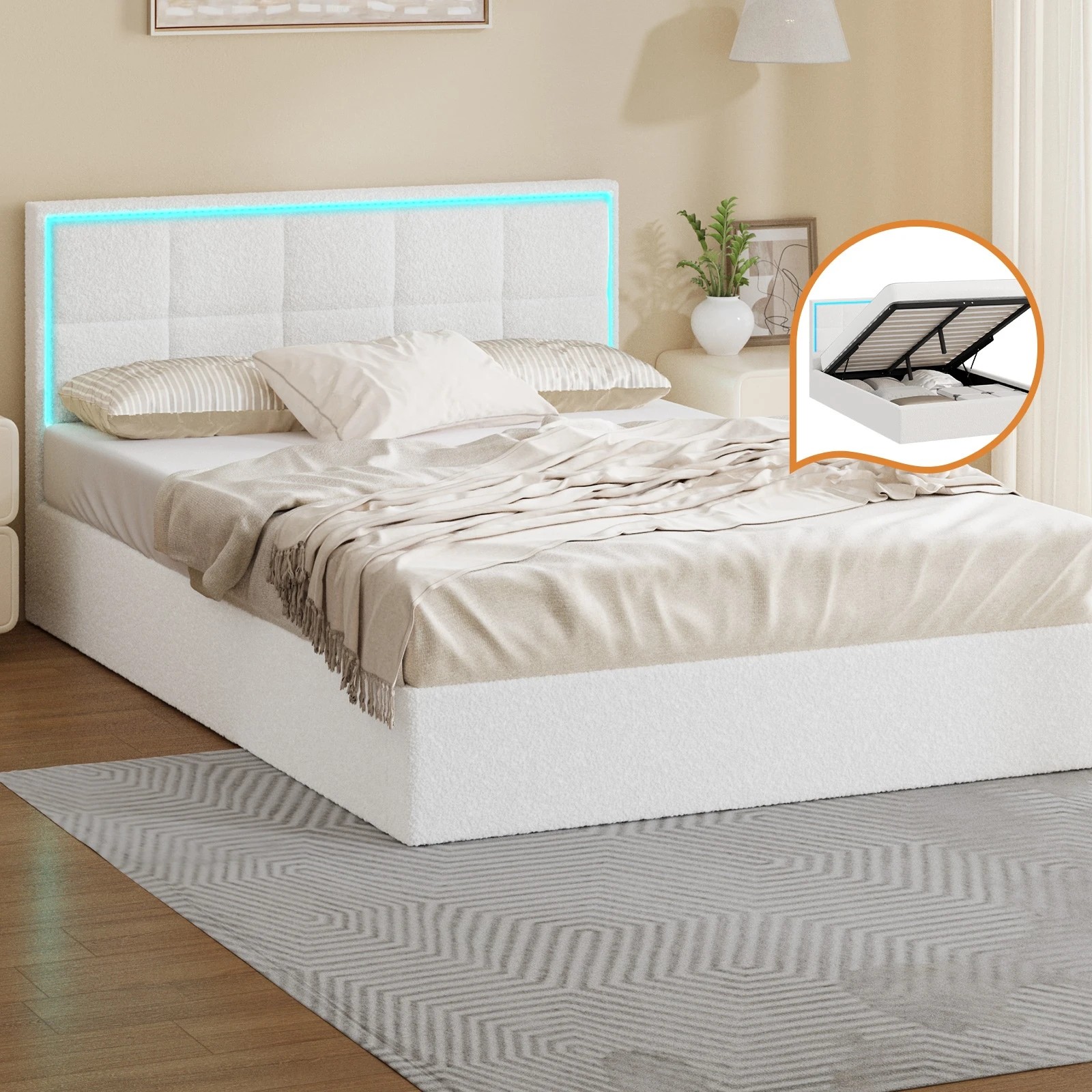 3 Oikiture Bed Frame Double Size RGB LED Gas Lift Storage Base Boucle - White, 3 of 9