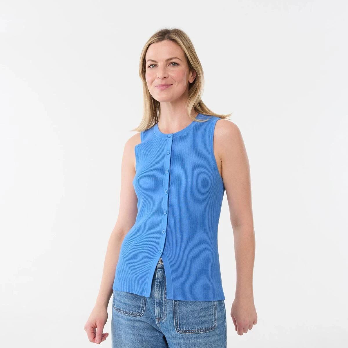 1 Sleeveless Rib Button Tank BLUE MARINE, 1 of 6