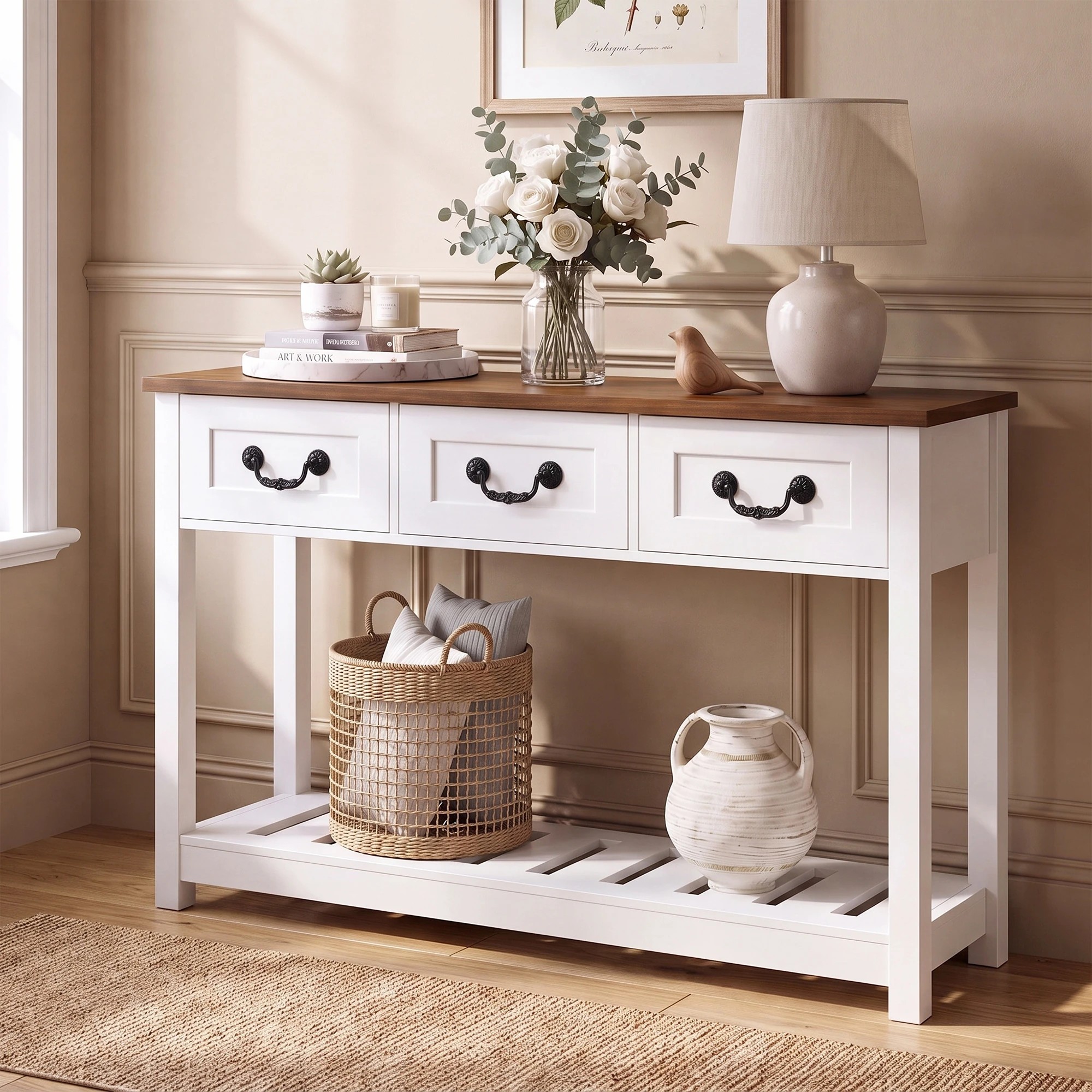 8 Advwin 100cm Console Table with 3 Drawers & Open Shelf Vintage Narrow Hallway Table - White, 8 of 8
