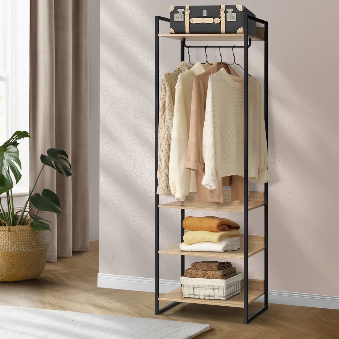 2 Oikiture Clothes Rack Open Wardrobe Garment Coat 4 Shelves Hanging Rail Metal
 - Natural, 2 of 10