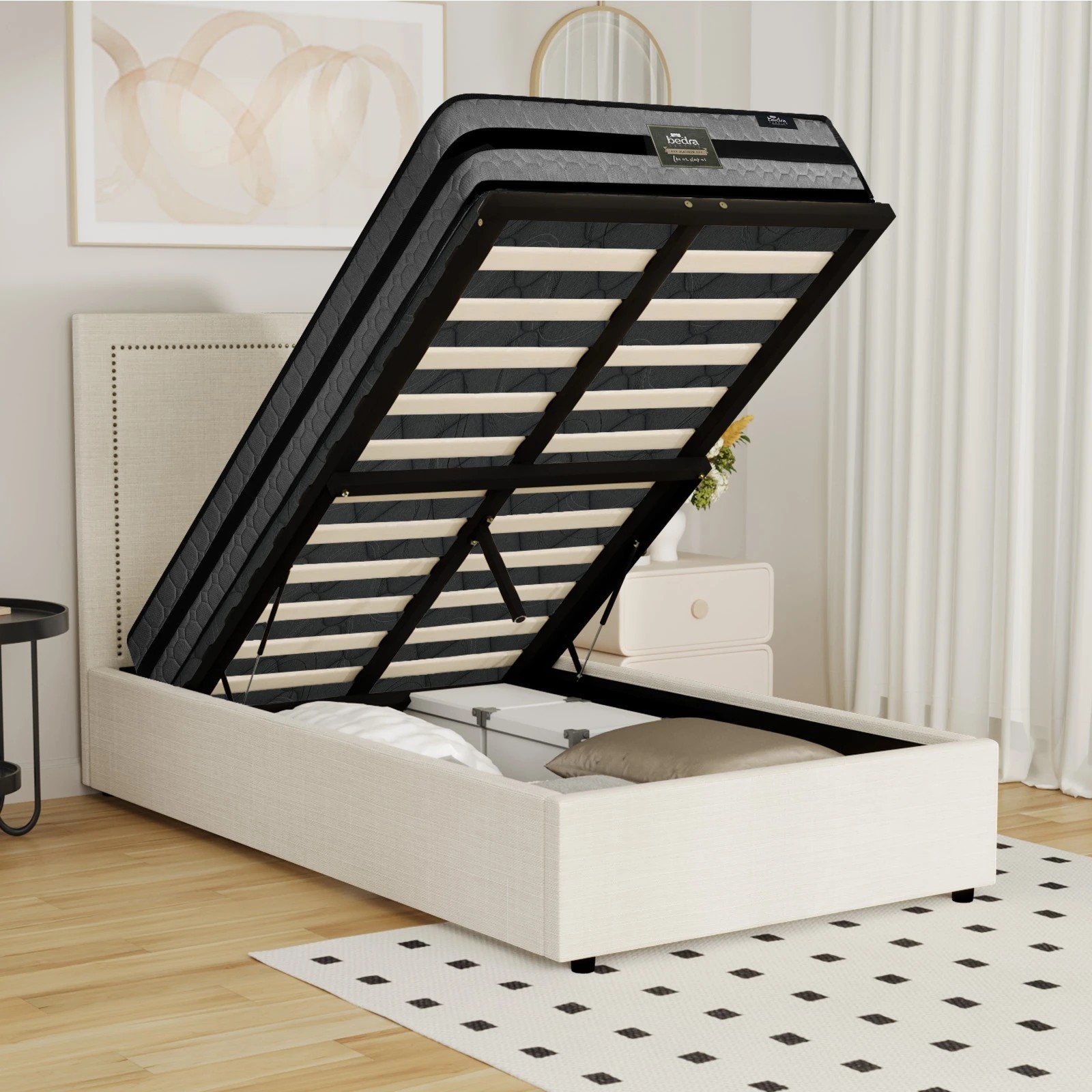 5 Oikiture Bed Frame King Single Size Gas Lift Storage Beds With Mattress Set ADI - Beige, 5 of 8