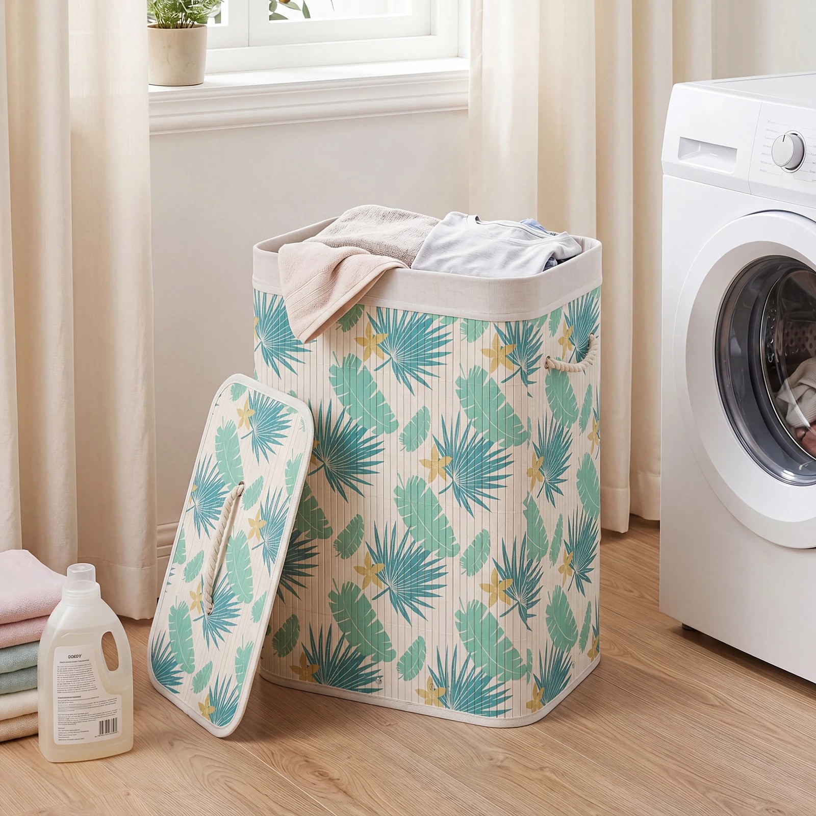 3 Costway 72L Bamboo Laundry Hamper w/Removable Liner Clothes Hamper Rainforest Pattern, 3 of 5