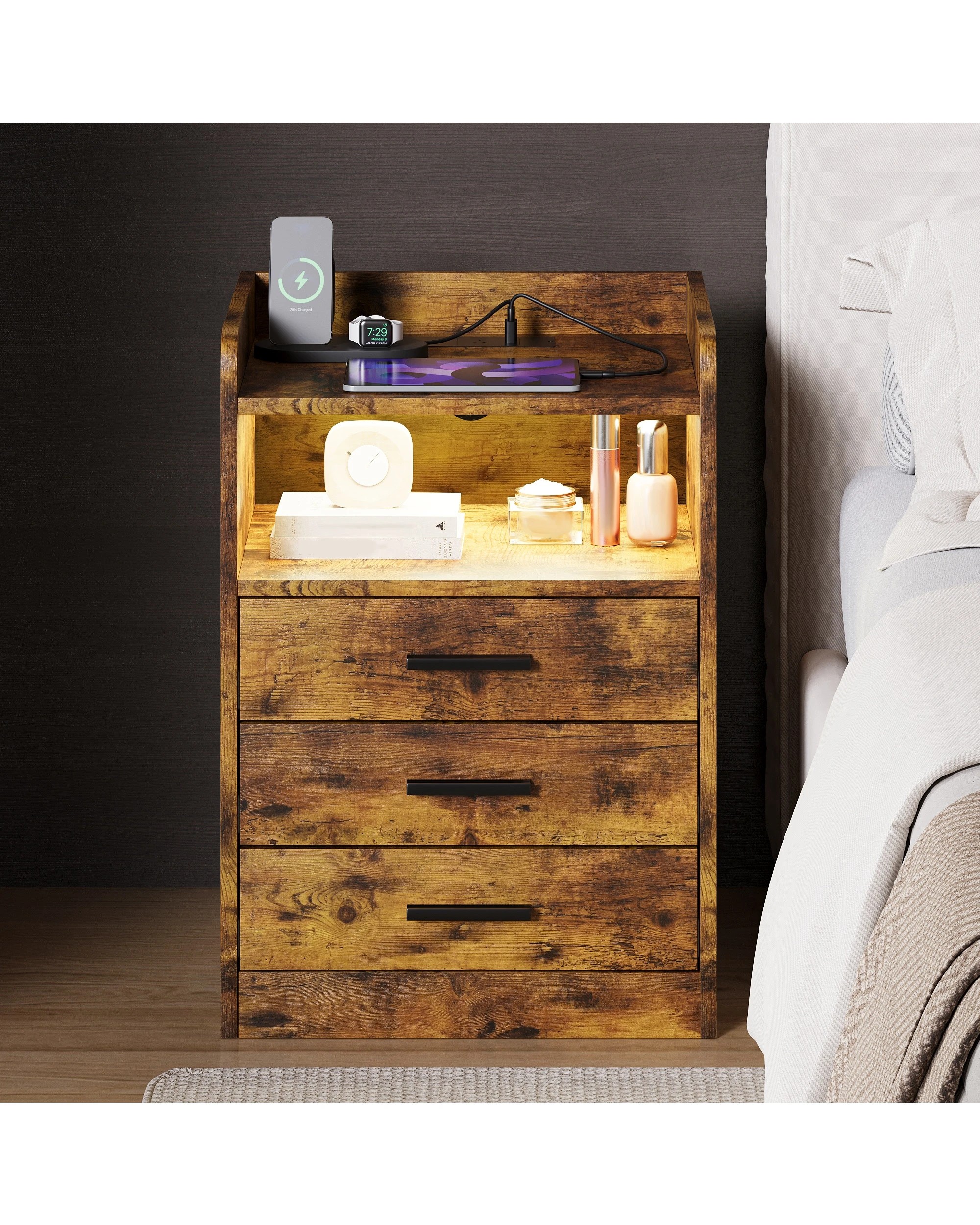 2 Advwin Bedside Table Rgb Led Nightstand Charging Station 3 Drawers Cabinet
 - Brown, 2 of 9