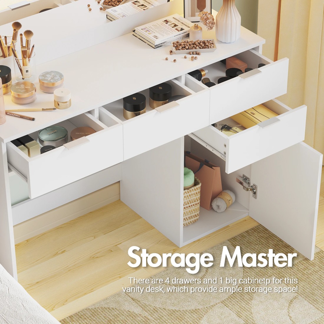 4 Advwin Dressing Table Stool Set With Mirror 12 Led Bulbs Vanity Desk
 - White, 4 of 10