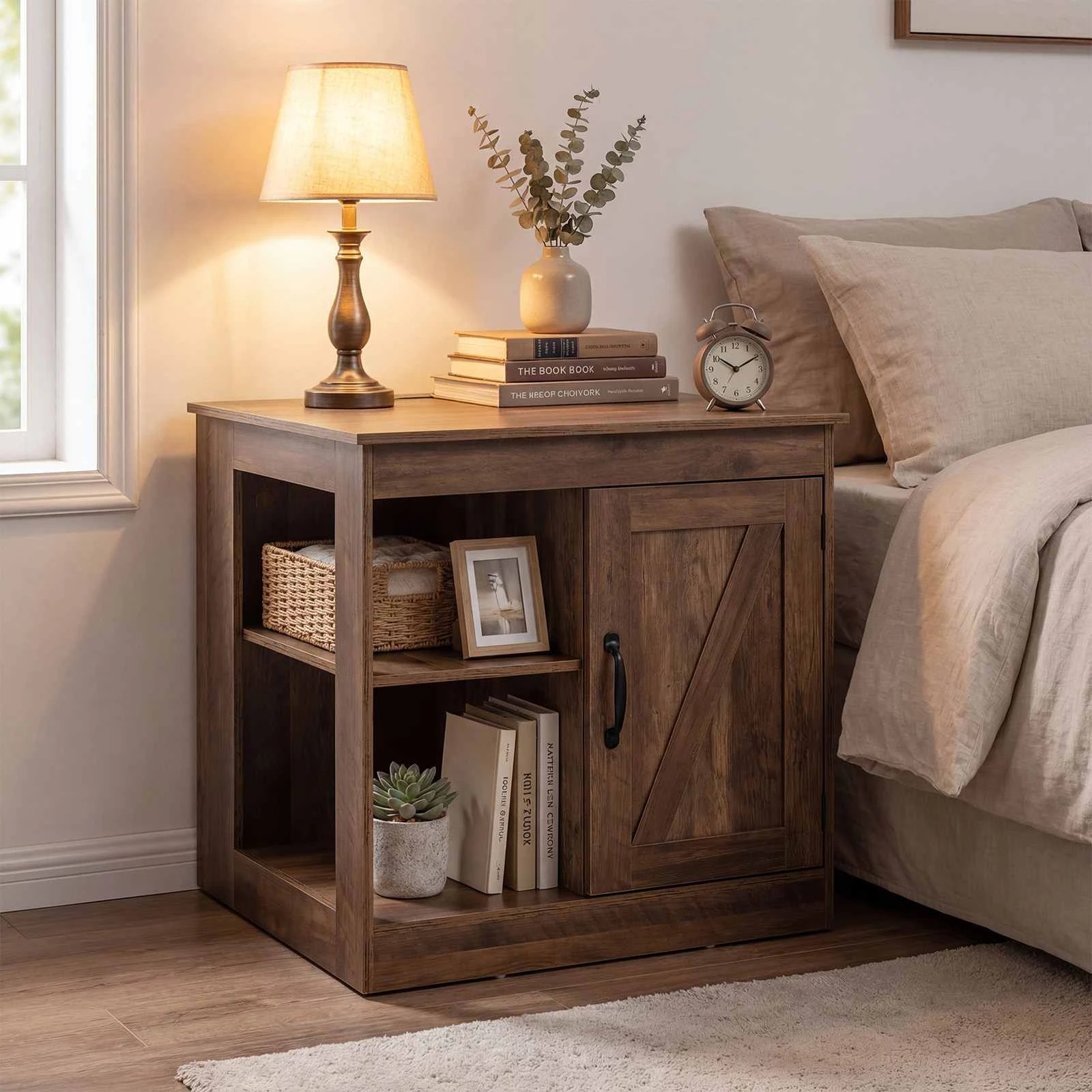3 Costway Farmhouse End Table w/Power Outlets Sofa Bedside Table Nightstand, 3 of 4