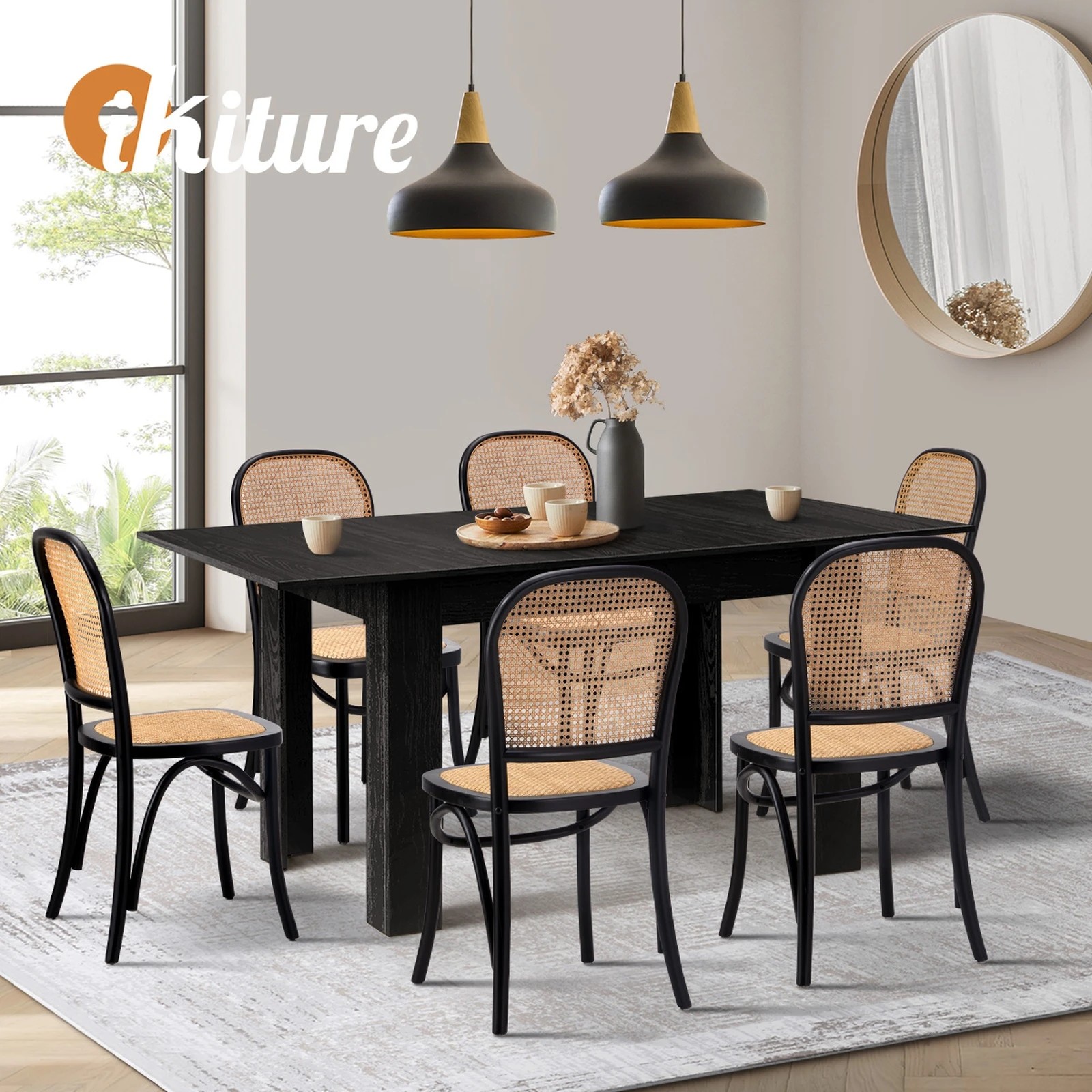 6 Oikiture 160cm Extendable Dining Table with 6PCS Dining Chairs Rattan - Black, 6 of 9