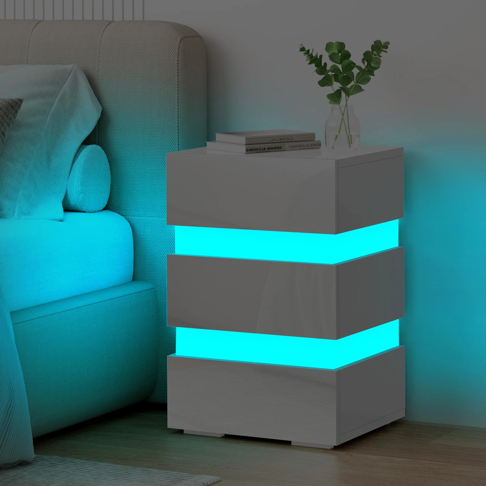 7 Alfordson Bedside Table RGB LED Nightstand 3 Drawers 4 Side High Gloss - White, 7 of 10