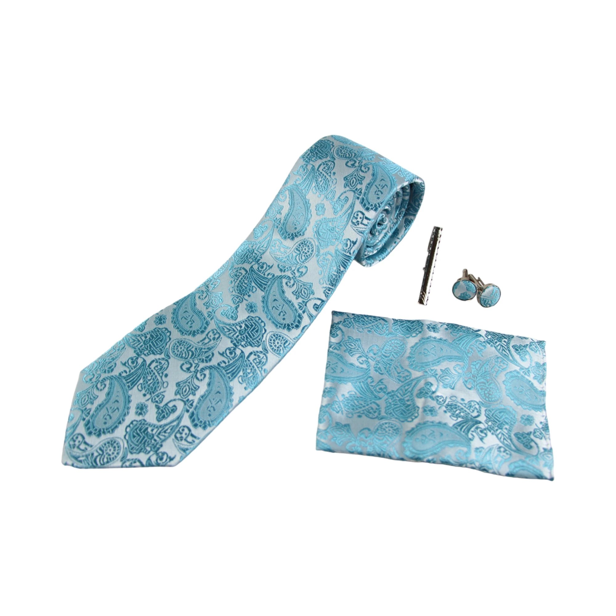 2 Zasel Mens Turquoise & Silver Boho Paisley Matching Neck Tie, Pocket Square, Cuff Links And Tie Clip Set - Multi, 2 of 3