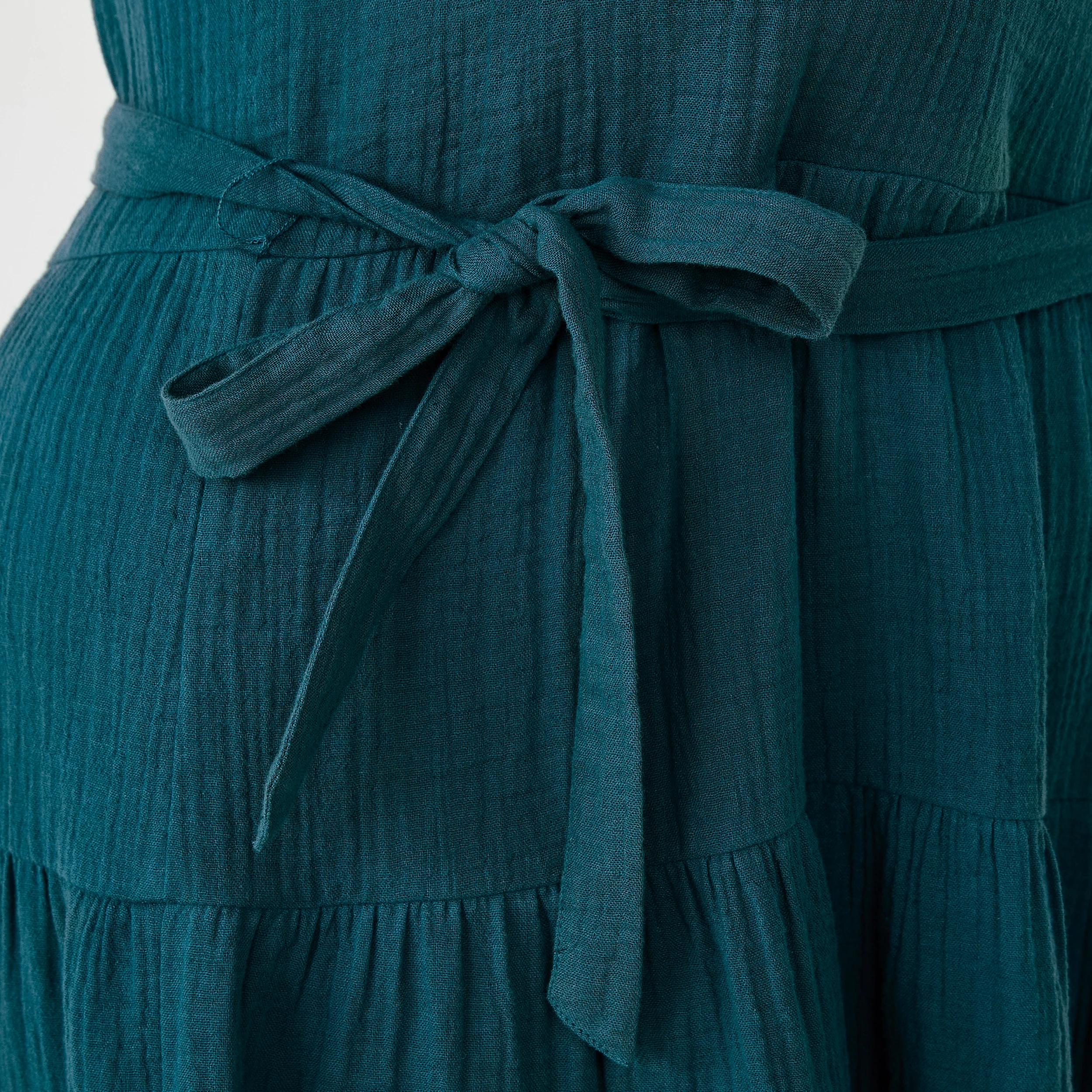 7 Curve Short Sleeve Tiered Double Cloth Midi Dress Teal Coral, 7 of 8
