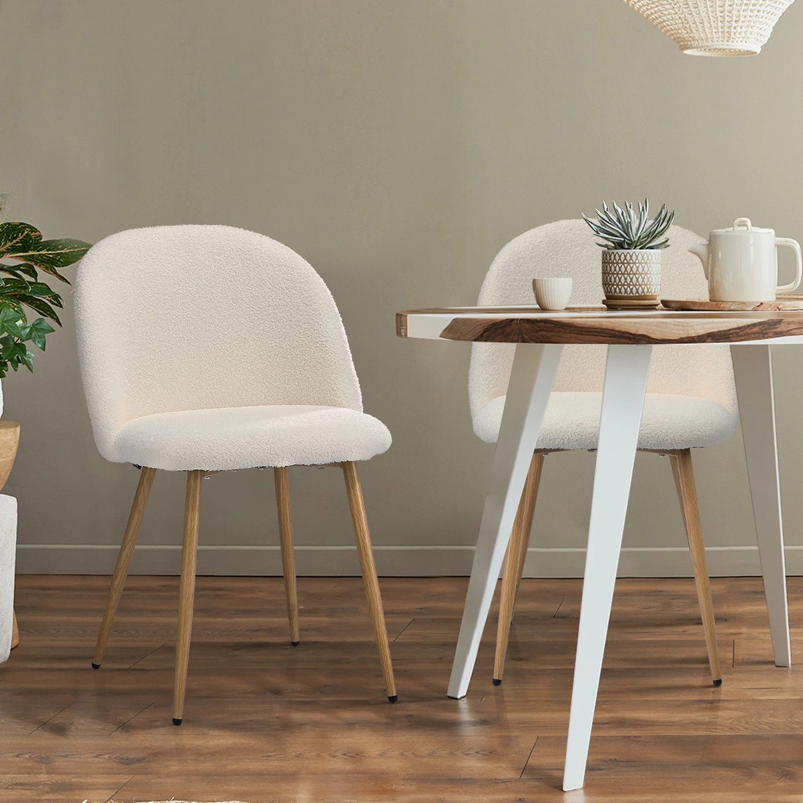 3 Oikiture 2x Dining Chairs Accent Chair Armchair Upholstered Sherpa Wooden
 - White, 3 of 10