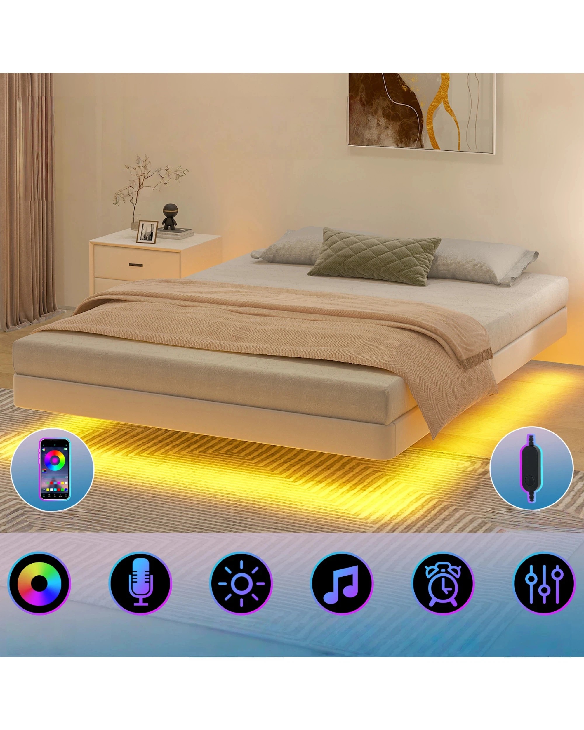 5 Advwin Bed Frame Queen Size PU Leather Wooden Frames Mattress Base Platform - Beige, 5 of 10