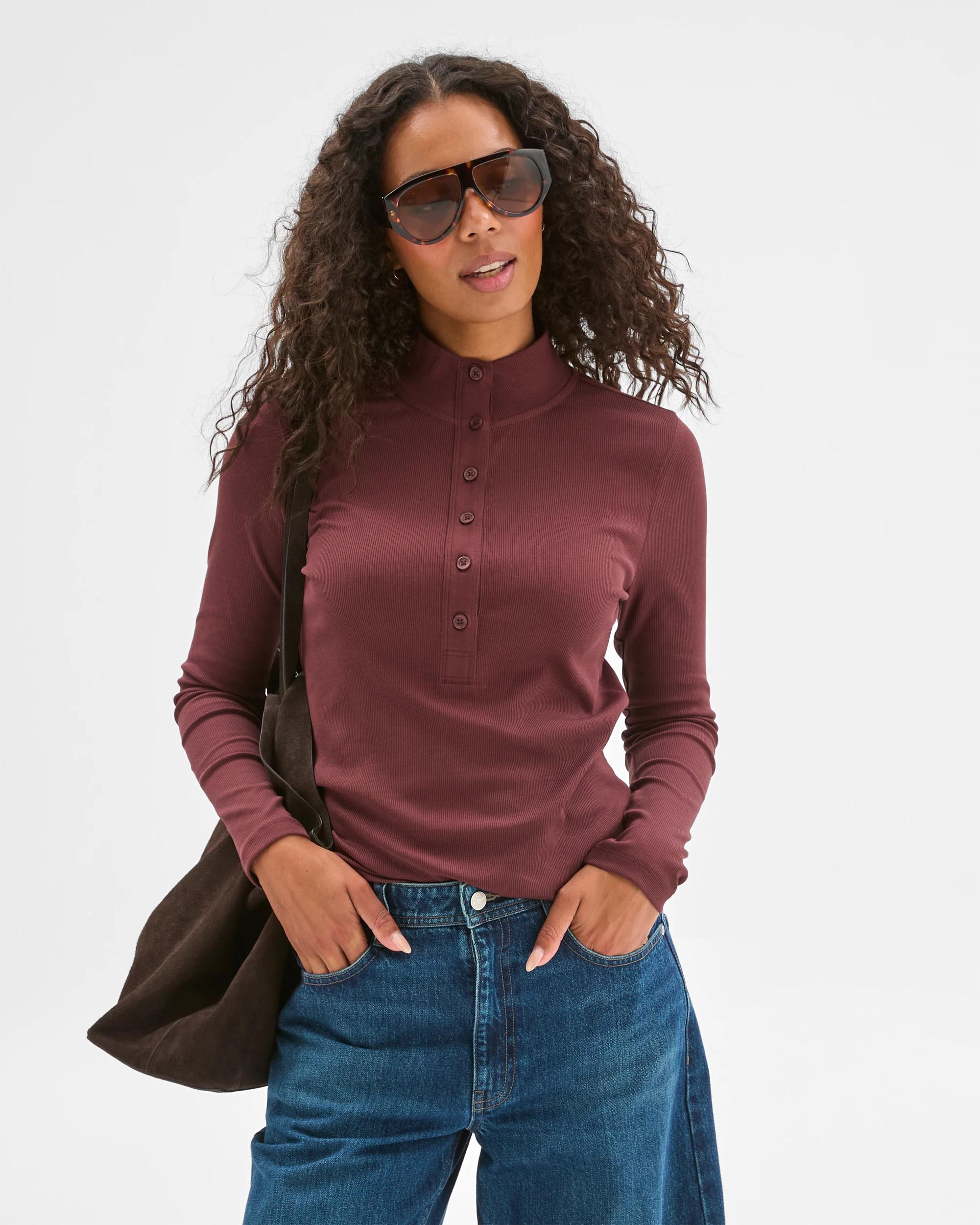 1 Target Woman Australian Cotton Long Sleeve Mock Neck Henley Top BURGUNDY, 1 of 6