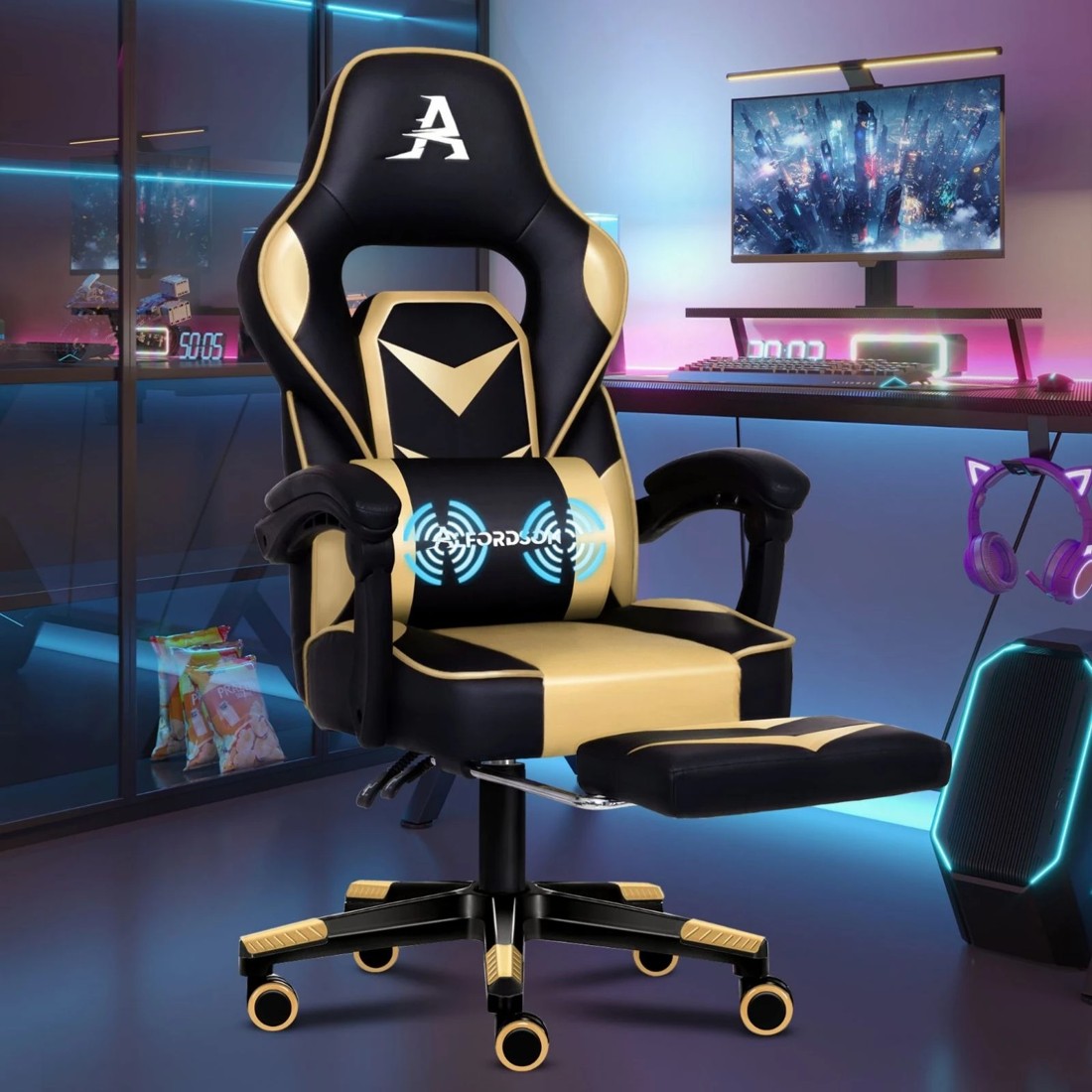 9 Alfordson Gaming Chair Office Seat Lumbar Massage Footrest Executive Racing - Gold, 9 of 10