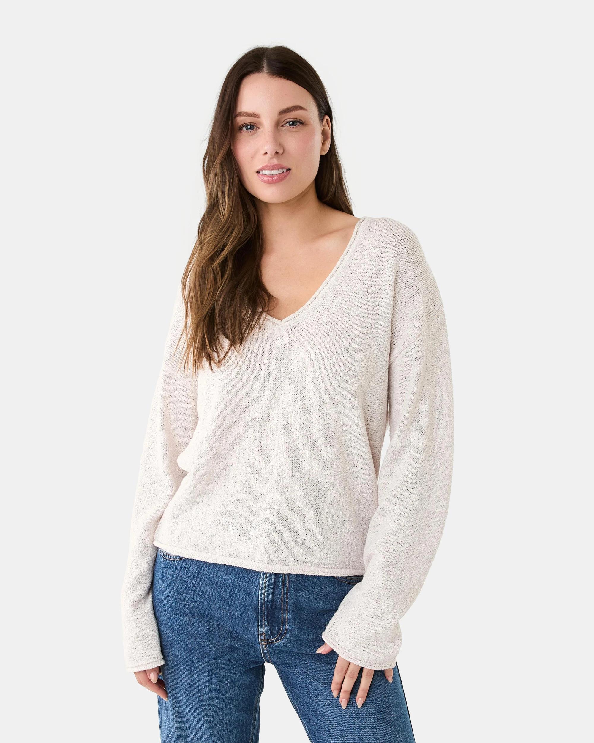 1 Lightweight V-Neck Jumper Nat Beige, 1 of 7